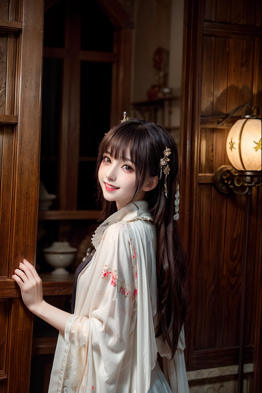 (((Masterpiece))), ((Best Quality))), (((Ultra Detail))), (((Surreal))), ((Highly Detailed CG Illustration))), Cinematic Light, Realistic, Very Beautiful Young Lady, Light Makeup, Intricate Details EABA, White Complex Cloak, Red Lips, ((((Smiling))), Dynamic Pose, Spear
