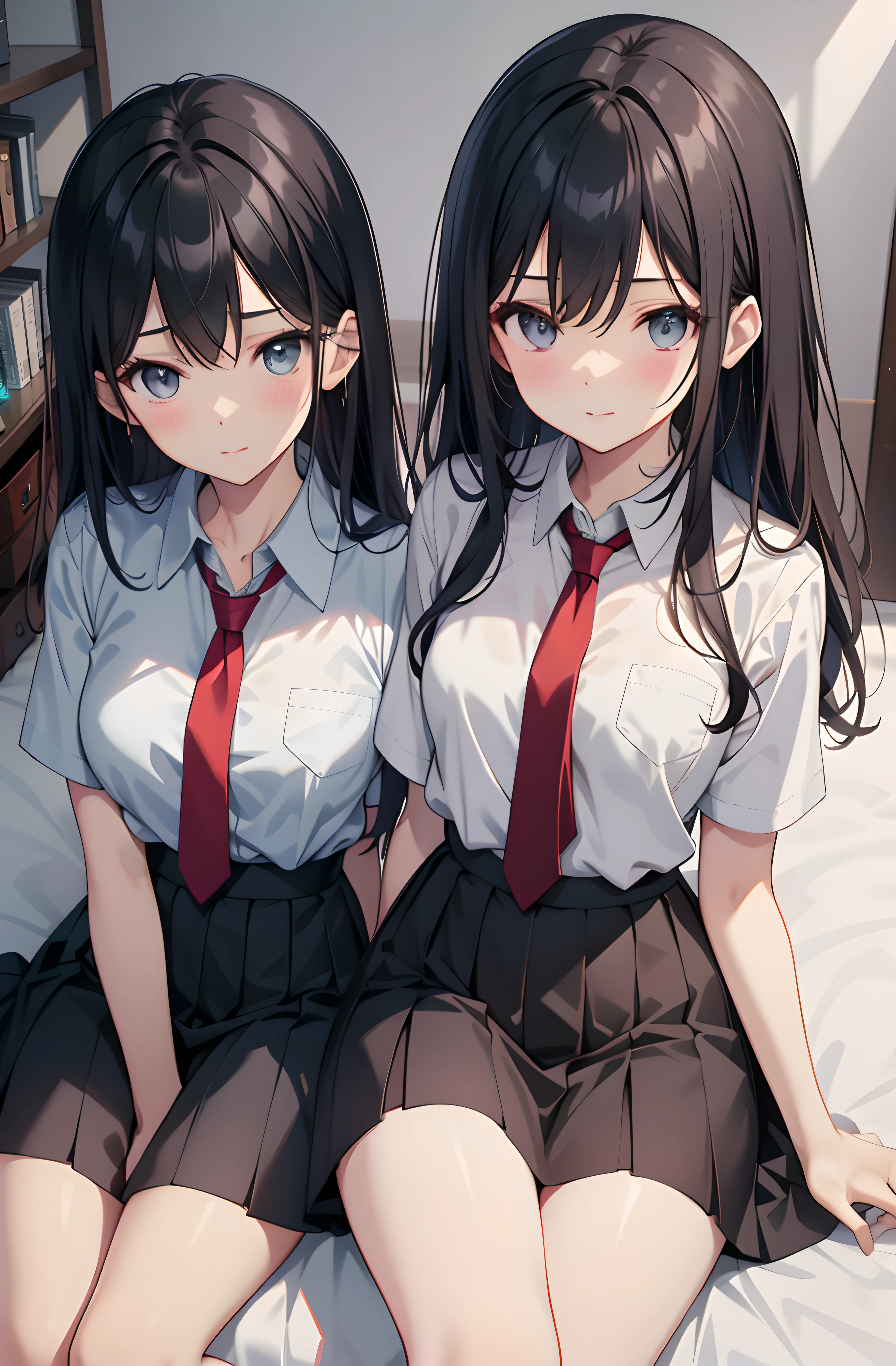 1 beautiful girl, High school students, Cute, medium-sized chest, Perfect eyes, Same eyes, Gal, Medium-length black hair instead of short,,,、Vivid color illustrations、Beautiful face、Kamimei、full body seen、on the beds、White shirt with short sleeves、Black skirt、red necktie、in a high school uniform、sitting on、a beauty girl、Beautiful fece、quadratic element、Light Novel Heroine、original intention、