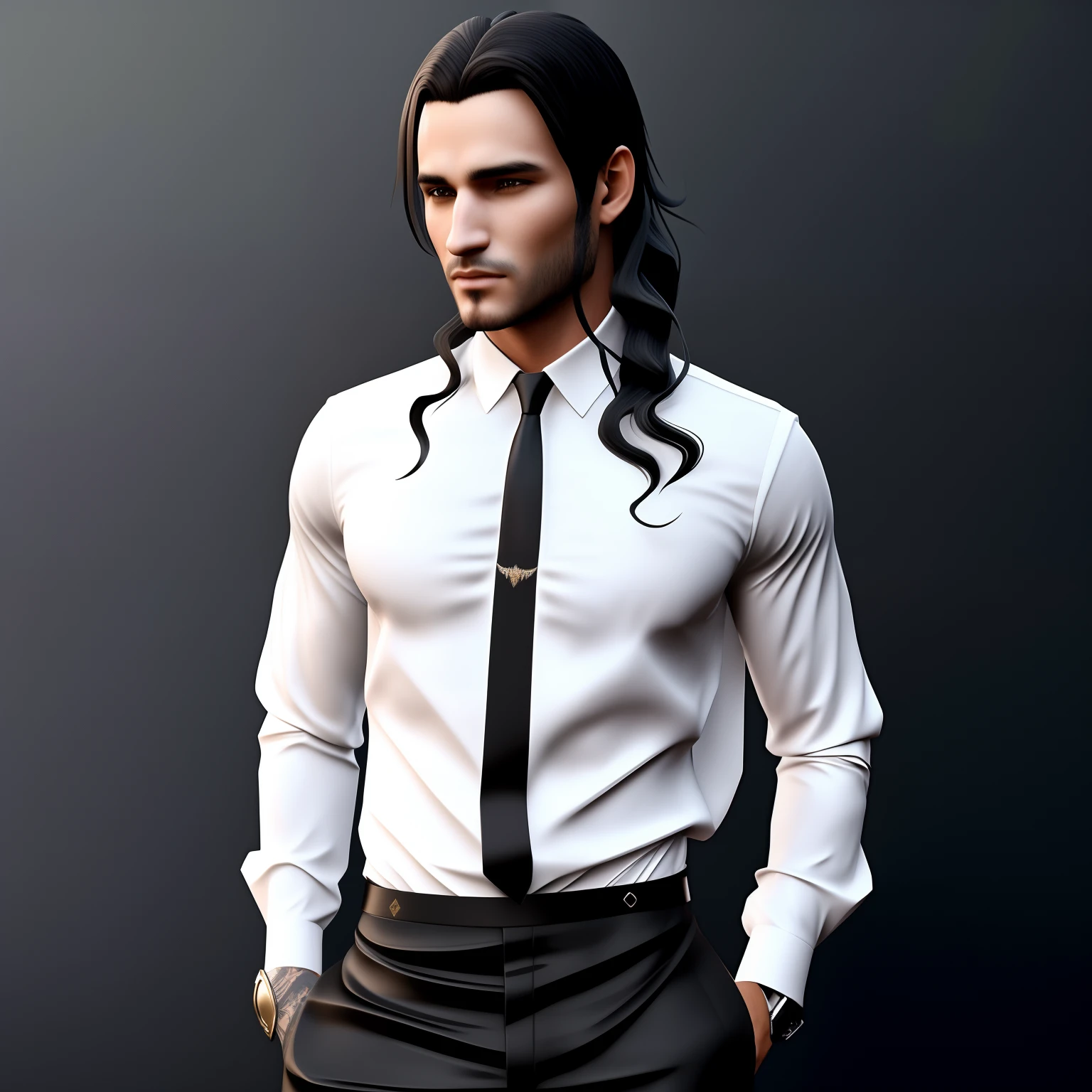 There is a man with long black hair wearing a white shirt and tie, cabelo preto longo detalhado, com seus longos cabelos pretos, bonito impressionante realista, com longos cabelos pretos, Macho bonito, homem bonito, androgynous male, cabelo preto liso, personagem masculino, com longos cabelos escuros,com rabo de cavalo no cabelo,com cabelos longos estilo rabo de cavalo, passeando em um corredor,With a hunting rifle hanging from his back, it's a heart necklace on the neck