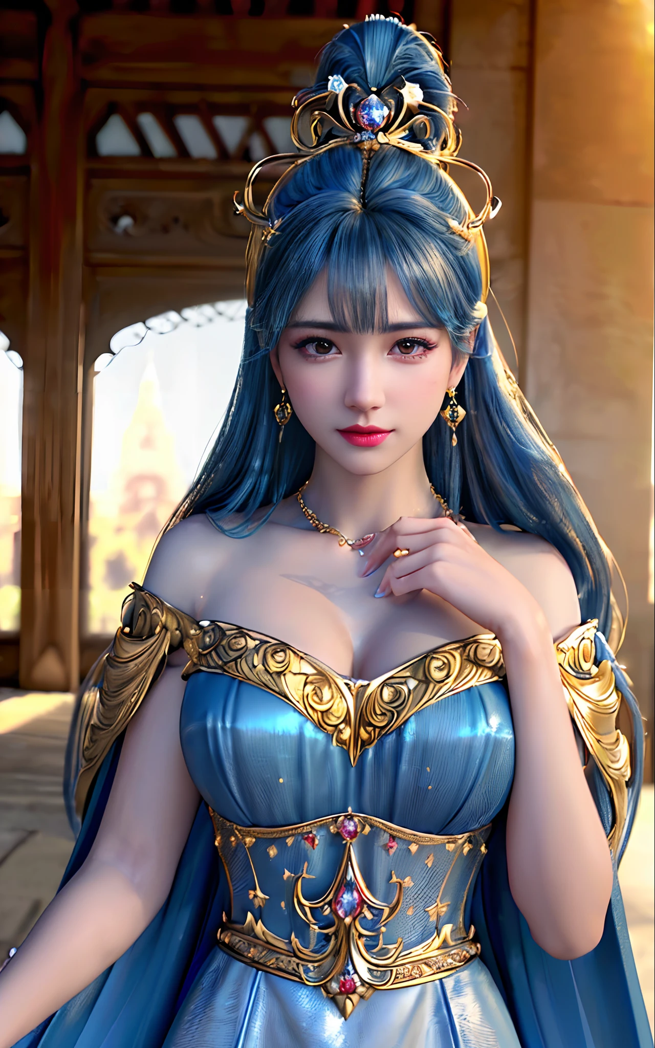 ((realisticity: 1.2)), ((best resolution: 8K UHD)), best quality,masterpiece,highres,cg,
((1 super detailed and super realistic girl)), ((very beautiful queen dazzling, super realistic, and super detailed)),((white skin, beautiful, smooth, youthful, super realistic and super detailed
)), long hair, ((super realistic and super detailed dress)), solo, ((super realistic, super beautiful, gorgeous and super detailed jewelry)), ((super beautiful, super realistic and super detailed dark red and golden yellow dress)),
((super beautiful, super realistic, super detailed diamond filled earrings)),
  ((super beautiful, super realistic and super detailed diamond filled hair ornament)), ((super beautiful upper body, super beautiful, super realistic and super detailed)), ((big breasts: 2.5)), 
((super grand, super realistic and super detailed royal palace backgroun))
((super beautiful, super beautiful, super realistic and super detailed hair bun)), ((super beautiful, super realistic and super detailed blue hair)),
candid, Photograph, high resolution, 8k,Bokeh,