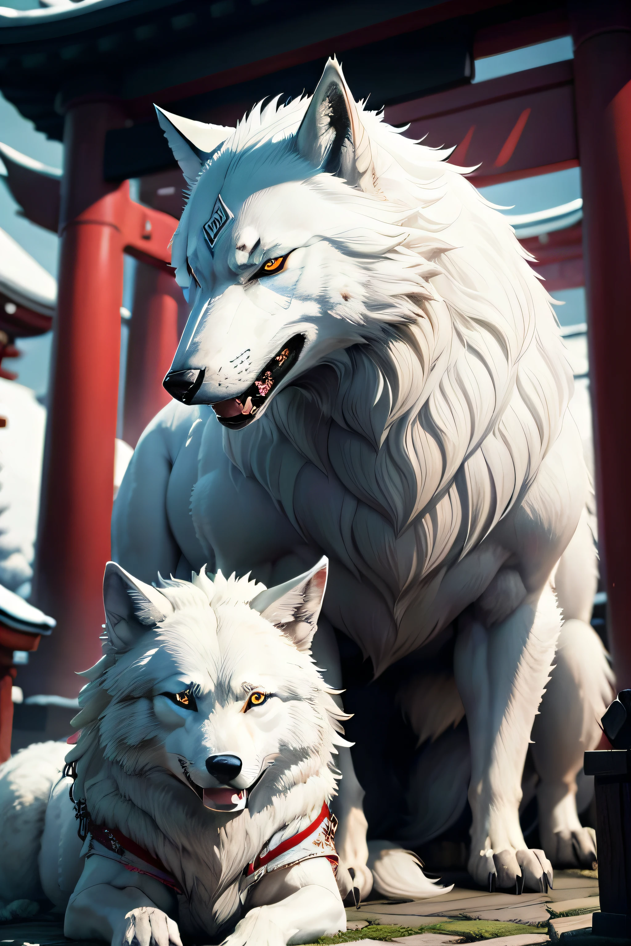White Wolf Beautiful The coat is beautiful The large Moro-like image of Princess Mononoke frontage 『Only wolves and no people 』Red torii gate on background Facing the front The shrine name is Ban Shrine