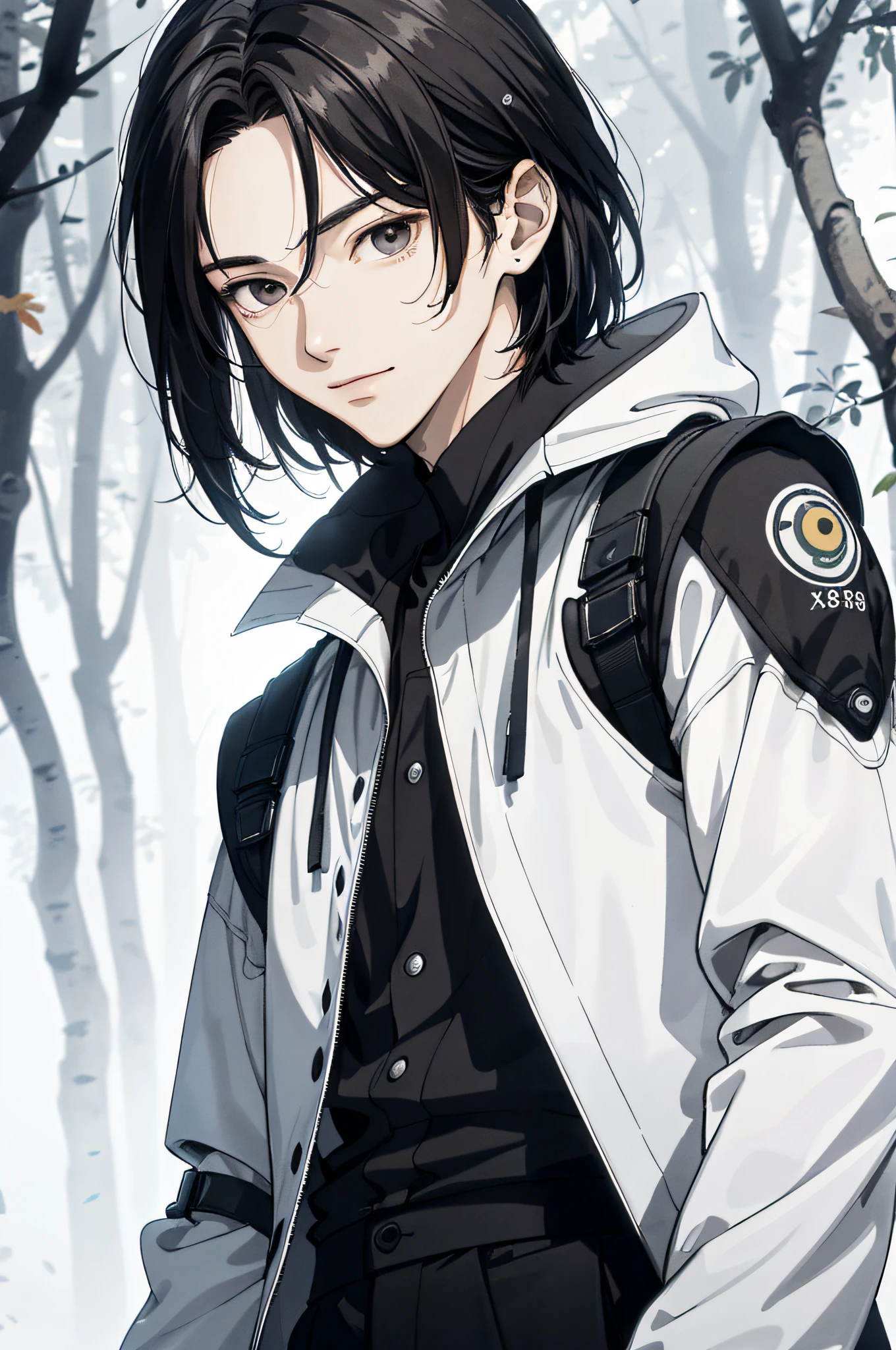 Absurd, High definition, Super detailed, Texture details, clear presentation, HD details, detail performance, Fine details, Clear face, Fix accurately, ((cabelos preto e longos))、long whitr hair、18-year-old man, Handsome, Tall,Soft smile、Slightly muscular,(Clear eyeballs), (1 person: 1.3), handpainted, Simple lines, (An 18-year-old man wearing a white Chinese suit), foggy forest、The upper part of the body,(Exocet suit 1.2)
