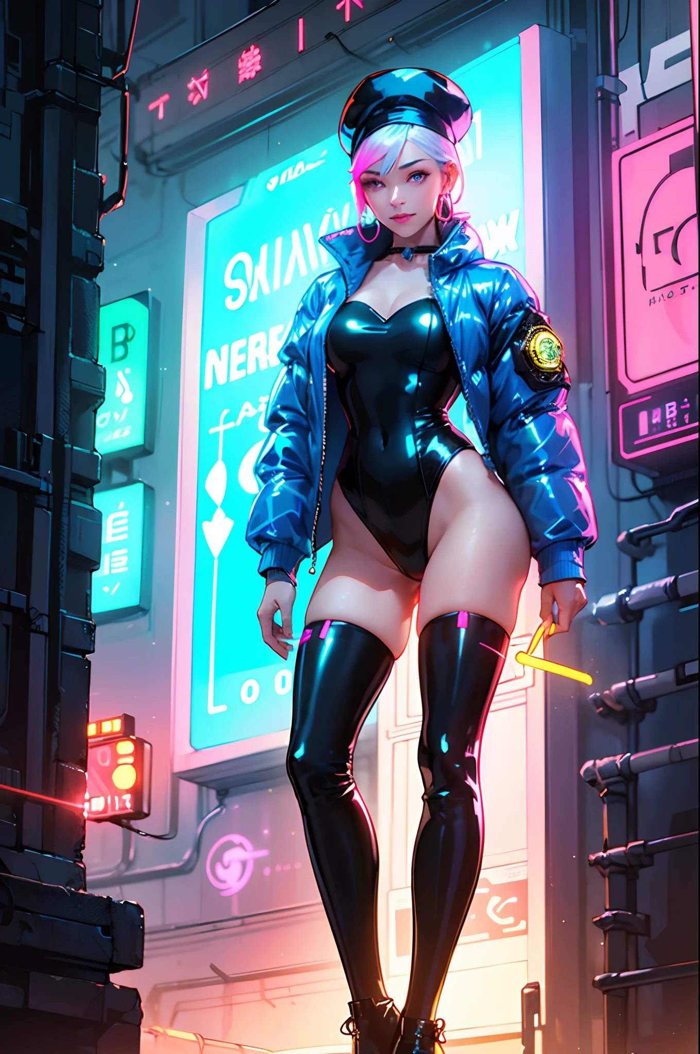 (best-quality:0.8), (best-quality:0.8) 1girl, (huge breasts:1.2), perky breasts, (blue latex strapless leotard with neon glowing trim:1.6), visible through clothing, light smile, skinny, narrow waist, multicoloured hair, wavy hair, (lipstick:1), individual breast cups, latex beret, choker with gemstone, (wearing an open puffer jacket over the leotard:1.6), (transparent latex thigh highs:1.4), hoop earrings, (wide hips:1), (cyberpunk city:1.5), night time, neon lights, (glowing cyberpunk jewellery:1), (very long hair:1)