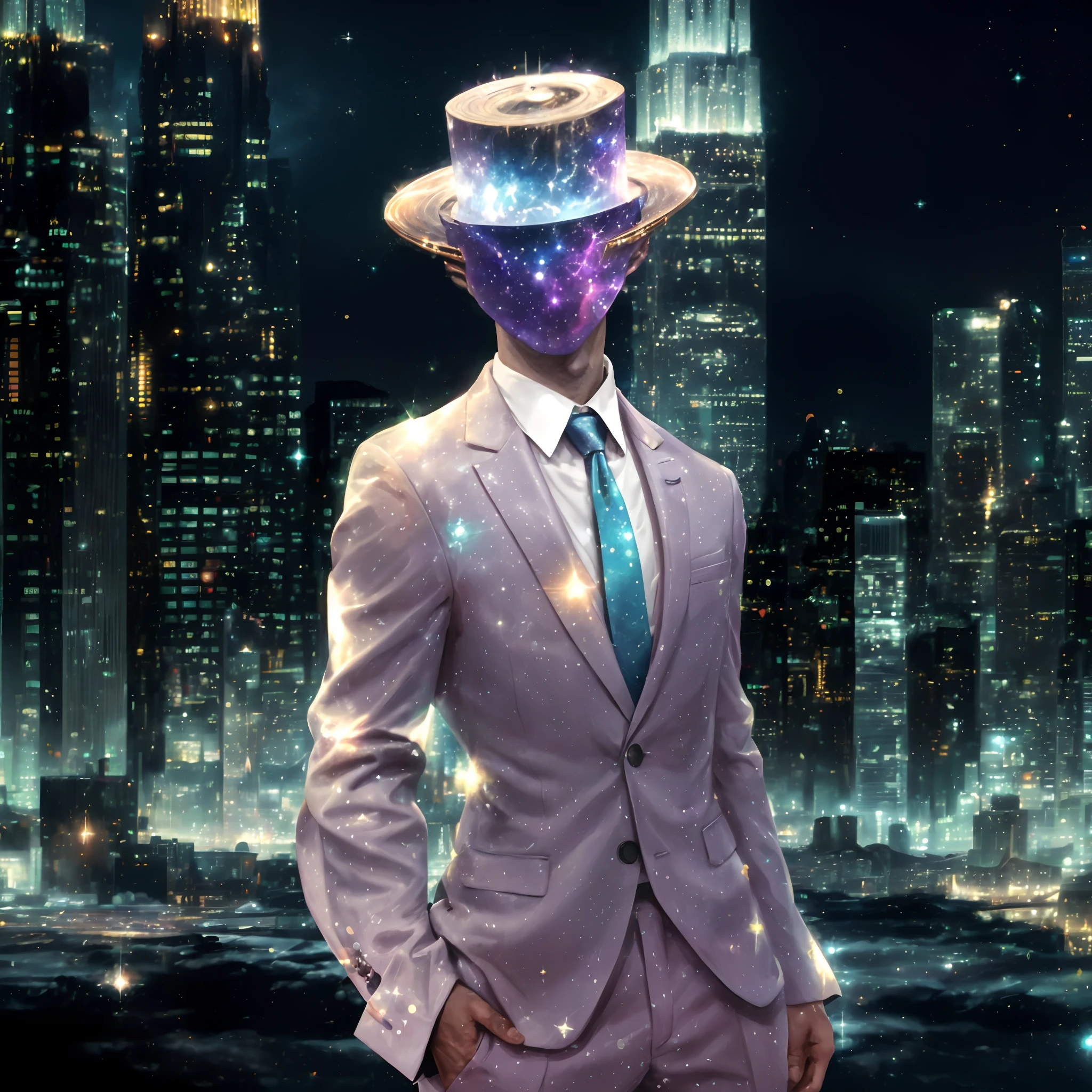 Elegant male cosmic god of the Multiverse with multiple faces in her head in the middle of New York, anime style, cosmic, wearing a cosmic fedora hat, wearing a codmic suit and tie, sparkles, galaxies and nebulas in his face hands suit and hat, universes, all powerful being, beautiful male, unlimited power, anime art, cosmos textured skin, skin made of pure cosmos, city background, New York in the background, cosmos textured face, Jujutsu no Kaisen art, anime art