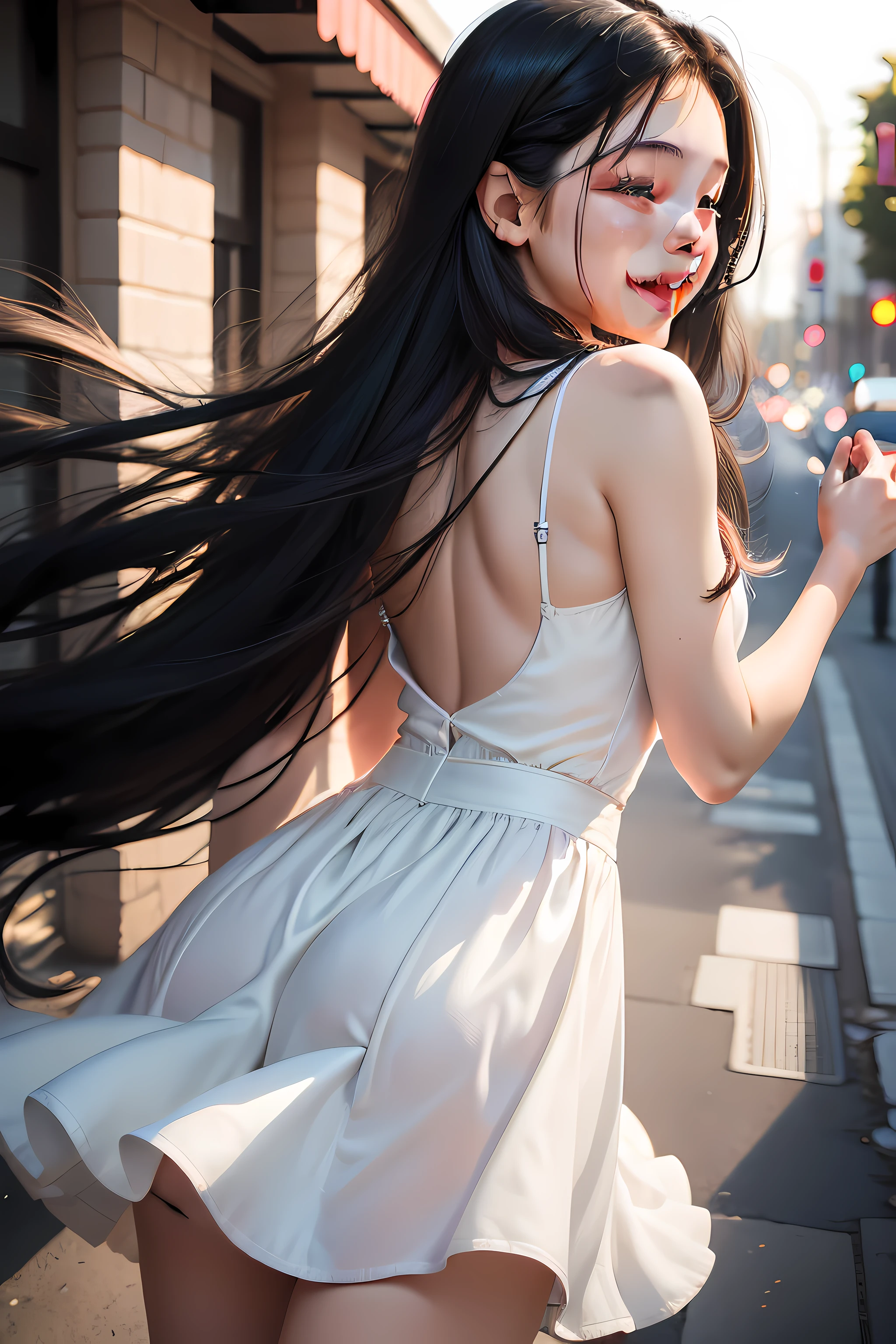 female pervert,19years old,happy laughing,Long black hair,white dresses,The back of the hand is behind the back