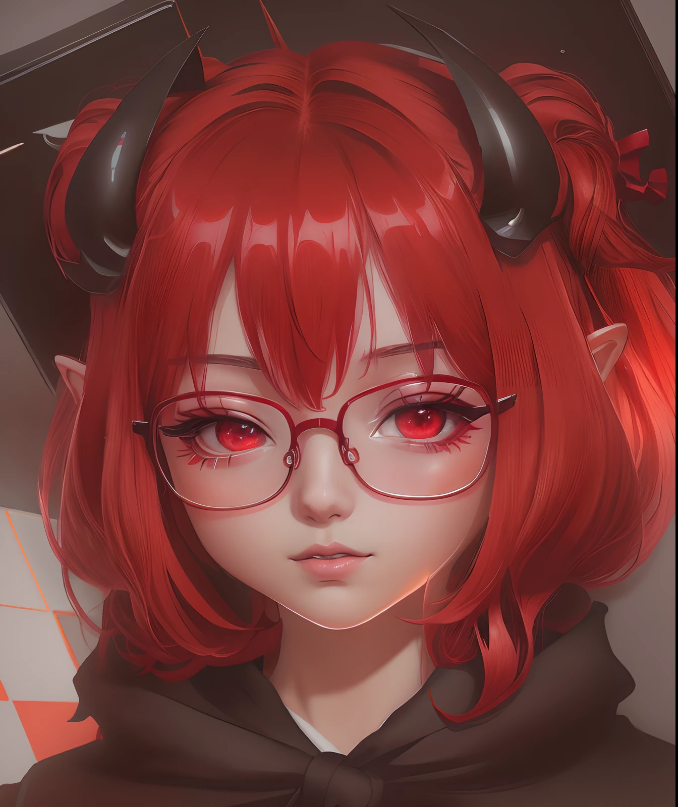 a close up of a person with a red hair and glasses, menina anime demon, em estilo anime, Demon girl, portrait of demon girl, arte de anime realista, estilo anime semi-realista, Digital anime illustration, em estilo anime, retrato estilo anime, estilo realismo anime, realistic anime art style, estilo de arte anime, Arte no estilo de Guweiz