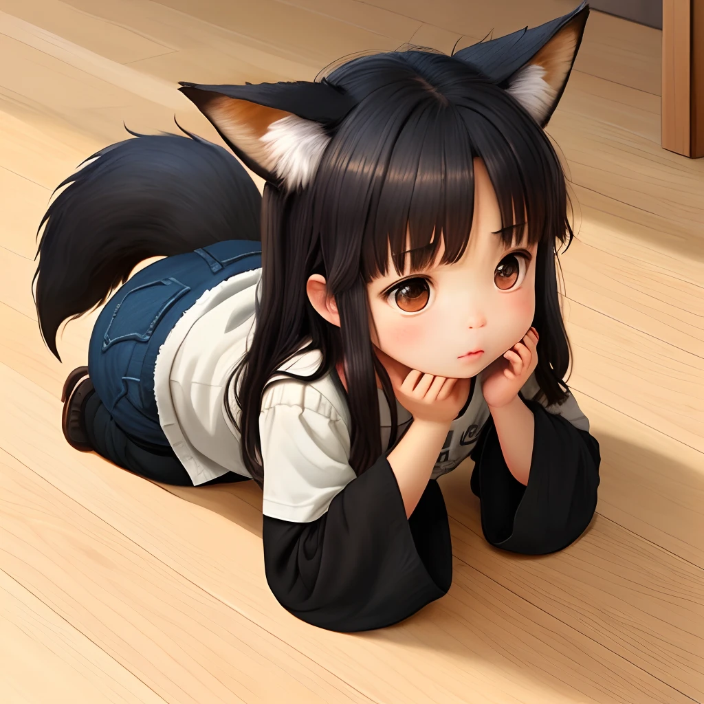 Long black-haired fox-eared foxtail little loli,Black half sleeves,Black shorts,Unclean clothes kneeling on the floor,Face to yourself,Chu Chu pitiful,Begging for food