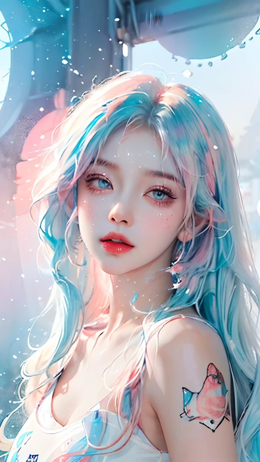 (Masterpiece, Best Quality, High Resolution), White Background, Acrylic Paint, ((Color Splash, Splash of Ink, Color Splash)), Sweet Chinese Girl, Long Light Blue Hair, [Light Blue|Pink] Hair, Curly Hair, Glitter, Peach Lips, White Shirt, Front, Upper Body