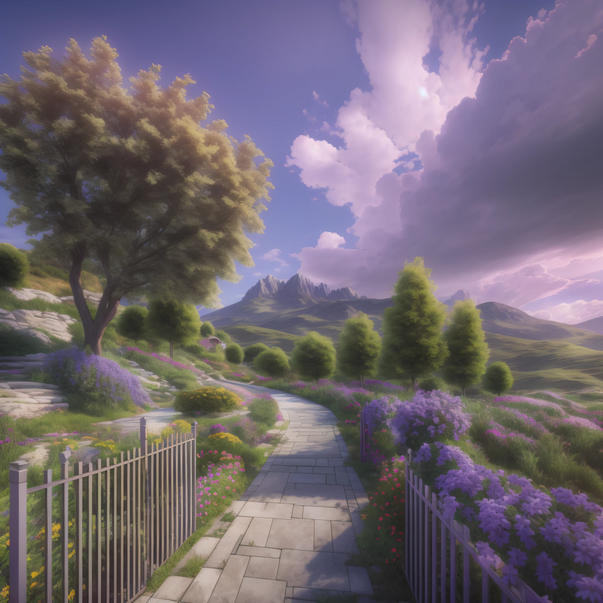 (ultra high res, photorealistic, best quality, photorealistic), (8k, raw photo, best quality, masterplece), (photon mapping, radiosity, physics-based rendering, auto white balance), real person, photography, bridge, building, bush, city, cloud, day, door, fence, field, orest, garden, grass, house, roses of different colors, mountain, nature, no_humans, outdoor, path, plant, potted_plant, purple_flower, road, landscape, tree, sky, skyscraper, traditional_media, tree