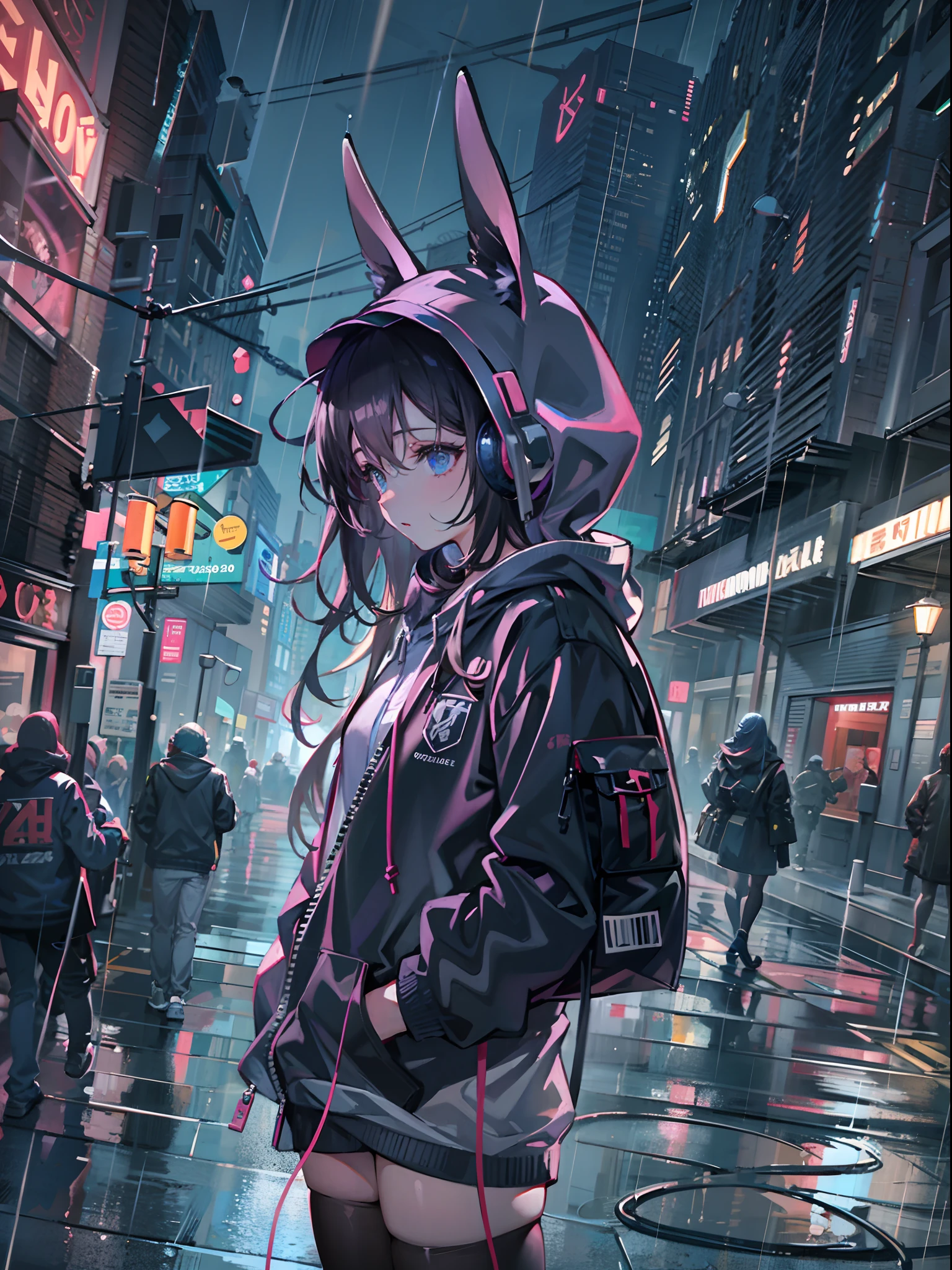 masterpiece, girl alone, solo, incredibly absurd, hoodie, headphones, street, outdoor, rain, neon,