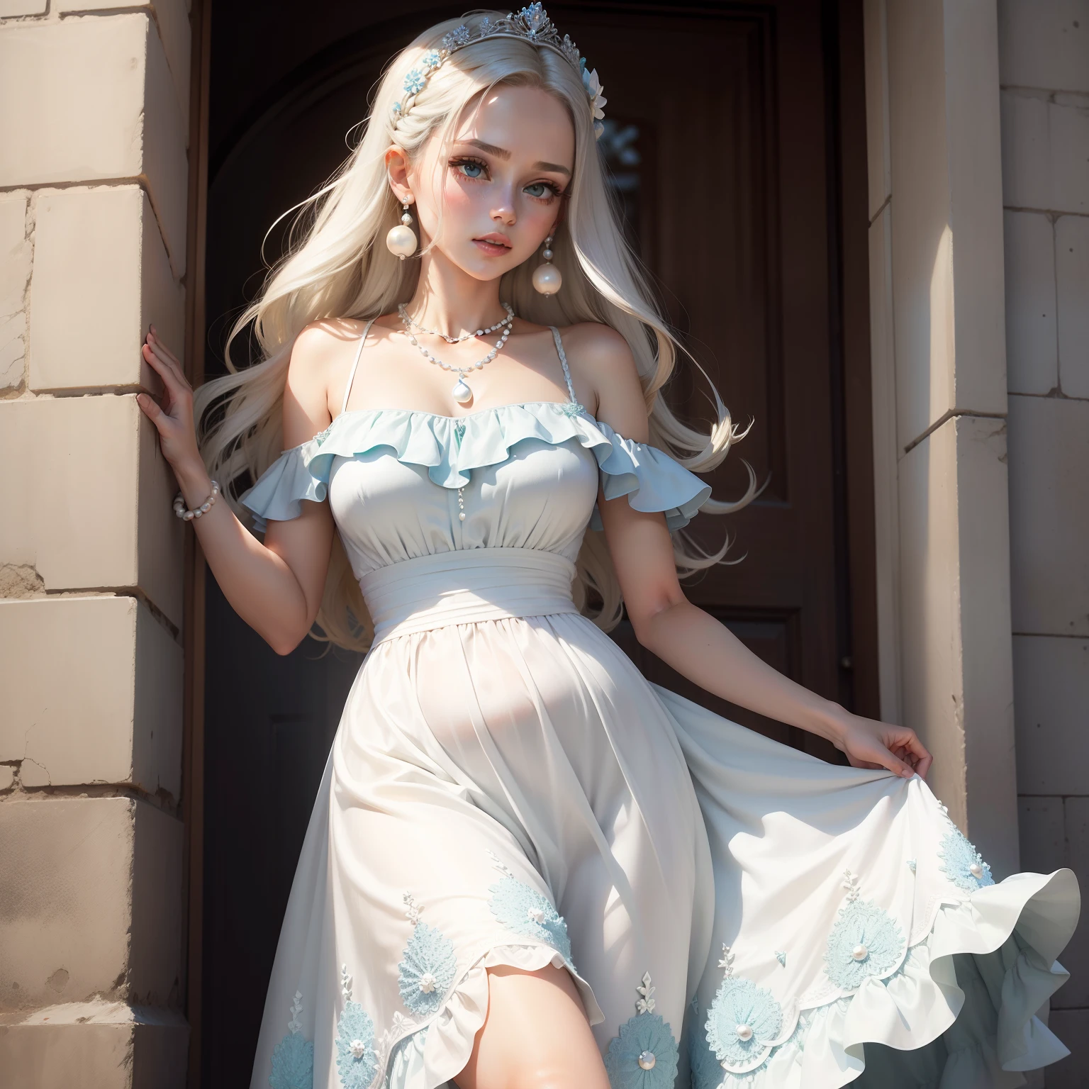 Vestido Primavera elegante, vestido longo branco e azul estampado floral, vestido fora do ombro fada vestido feminino chique princesa puffcetim, seda, vestido de cetim, pearls necklace, Romantic