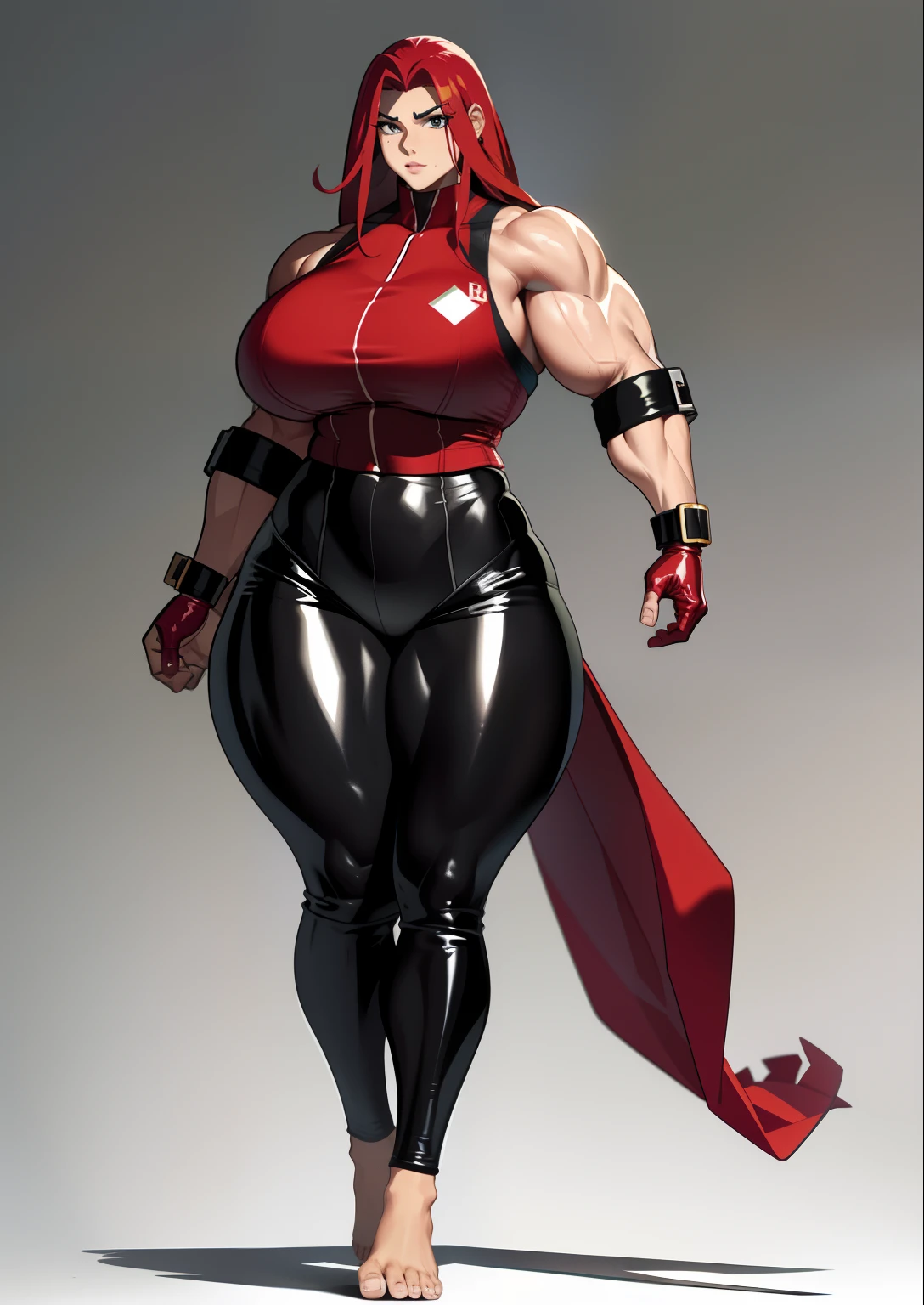 tmasterpiece,(Full body like:1.1),Burly woman,walking pose,Exaggerated large muscles,Latex pants,The barefoot,Beautiful and charming woman face, 1female,Thin waist,Very broad shoulders, Strong and powerful arms,Stout deltoid muscles,large biceps,Big triceps,Strong and powerful leg muscles,thick leg,thick calf,Very long legs