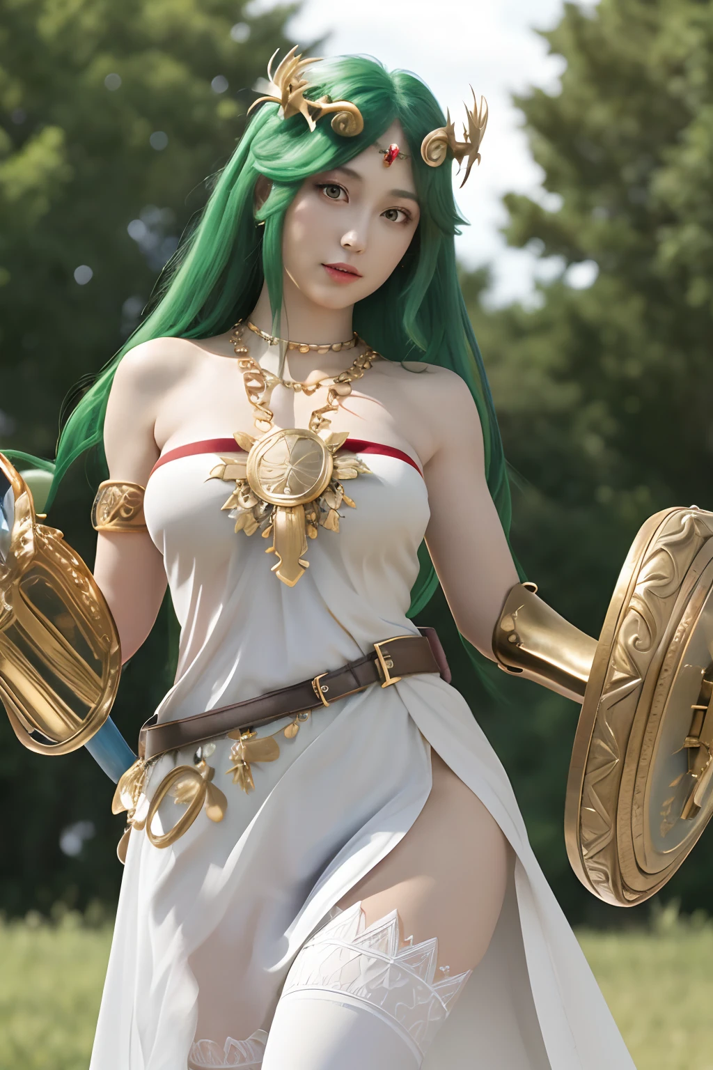 masterpiece, best quality, highres, hmpa1, palutena, parted bangs, tiara, large breasts, necklace, bare shoulders, strapless dress, vambraces, belt, white dress, white thighhighs, single thighhigh, outdoors, holding staff, staff, holding shield,