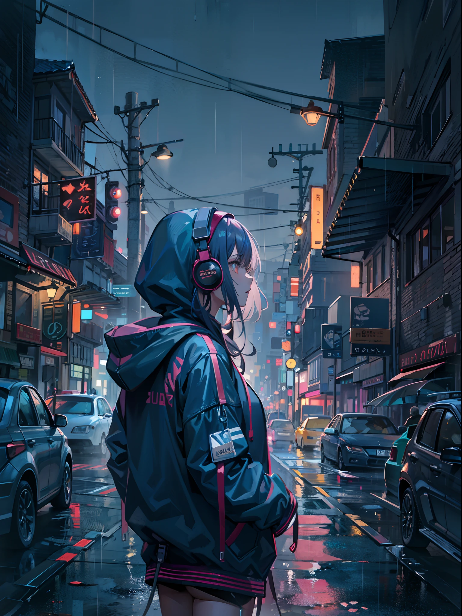 masterpiece, girl alone, solo, incredibly absurd, hoodie, headphones, street, outdoor, rain, neon,