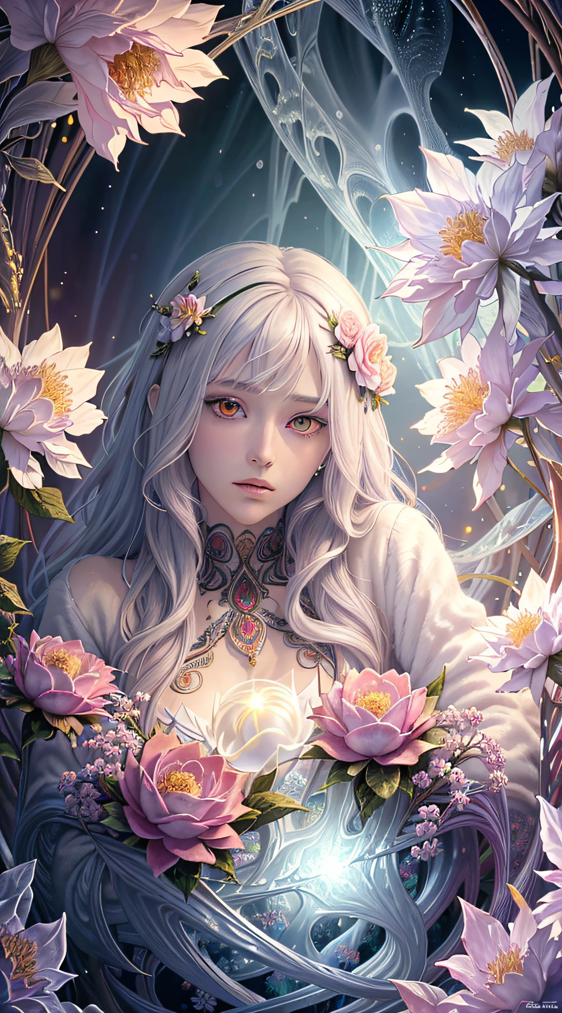 Realistic, (Masterpiece, Top Quality, Best Quality, Official Art, Beauty and Aesthetics: 1.2), Very Detailed, Fractal Art, Colorful, Most Detailed, Zentangle, (Abstract Background: 1.5) (1boy: 1.3), Gods, White Hair, (Glowing Red Eyes), Mysterious, (Magic), Ice, ((Flowers on the Other Side)), Yellow Spring, Hell
