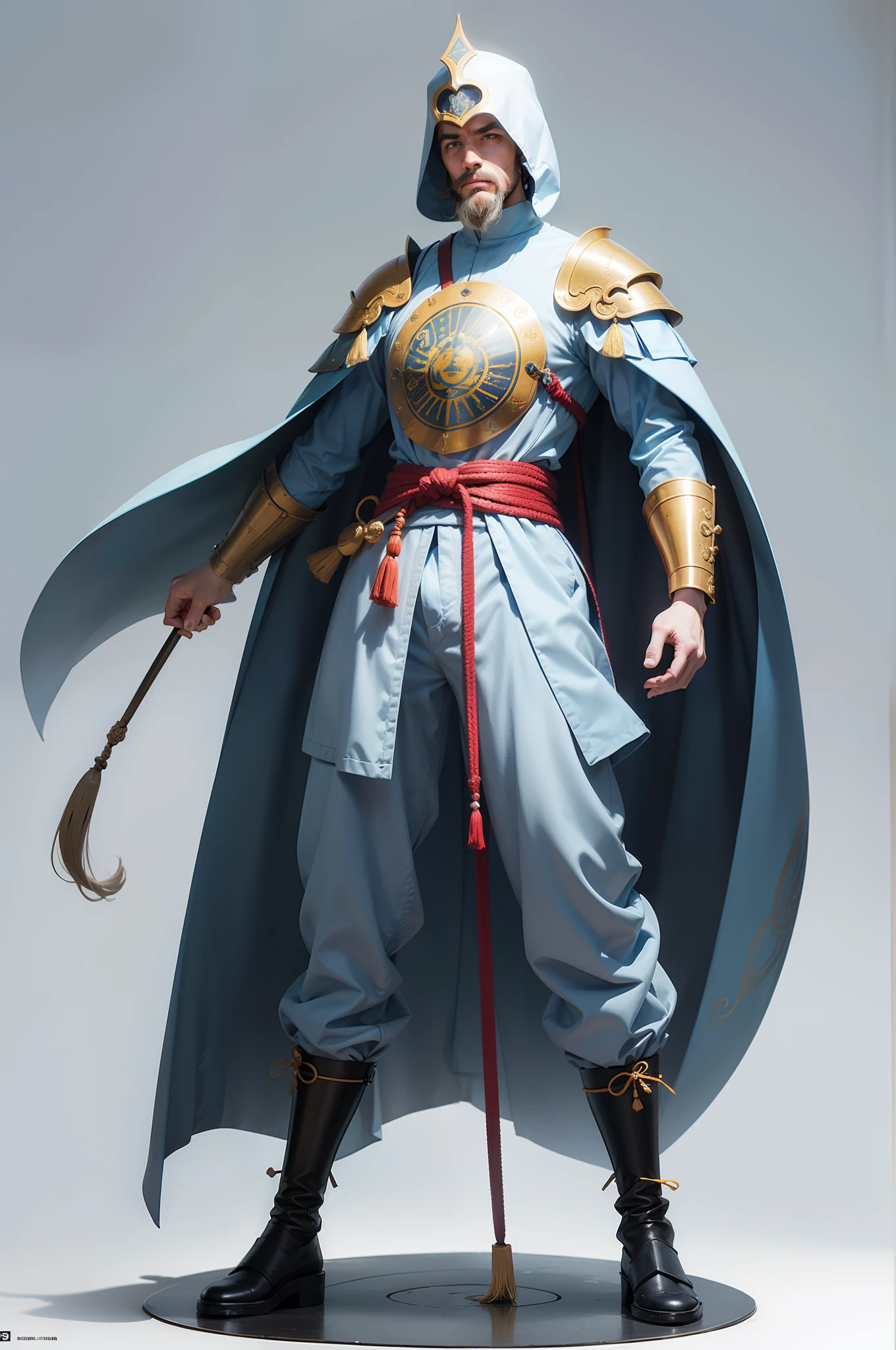 realista, character, idoso, barba branca, asiatic, magro, fantasia, roupa medieval, roupa comprida, armadura medieval dourada, light blue pants, Mundo, roupa branca, Japanese hat, corpo inteiro, fundo branco