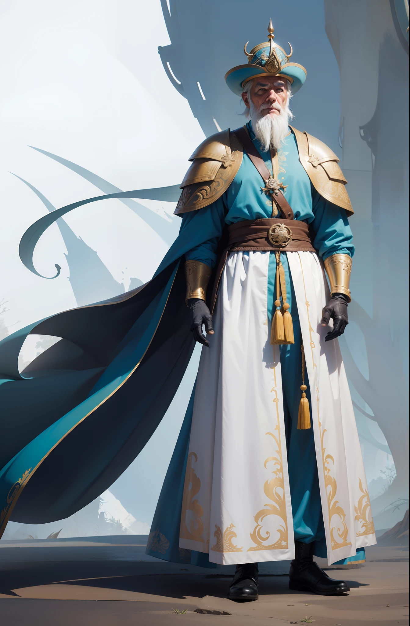 realista, old man, barba branca, barba longa, asiatic, magro, fantasia, roupas medievais, roupas compridas, armadura medieval dourada, light blue pants, botas, roupas brancas, oriental hat, corpo inteiro, fundo branco