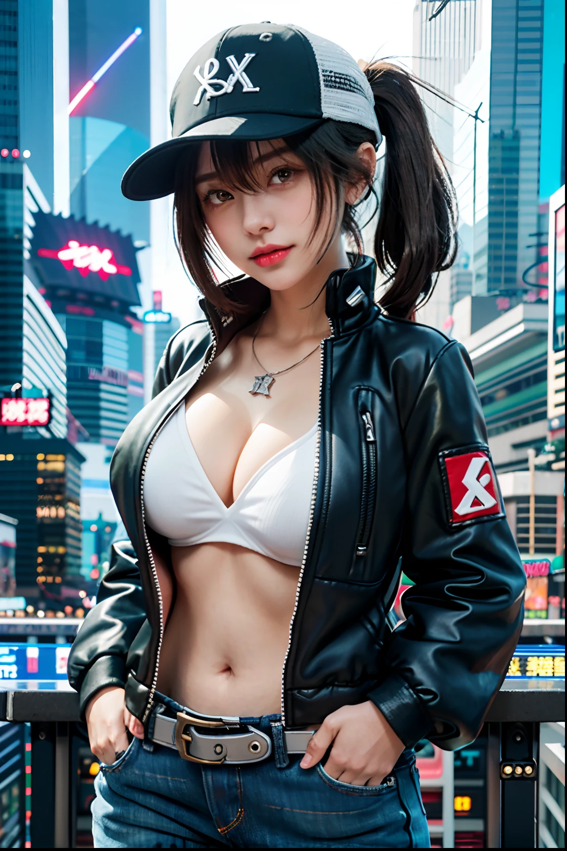 A woman wearing a baseball cap and jeans poses for a photo, an oppai cyberpunk, seductive anime girls, from girls frontline, Fine details. Girl Front, Best Rated on pixiv, Extremely detailed Artgerm, Range Murata and Artgerm, New Xiangcheng, Popular on Pixiv, attractive anime girls, trending on artstation pixiv