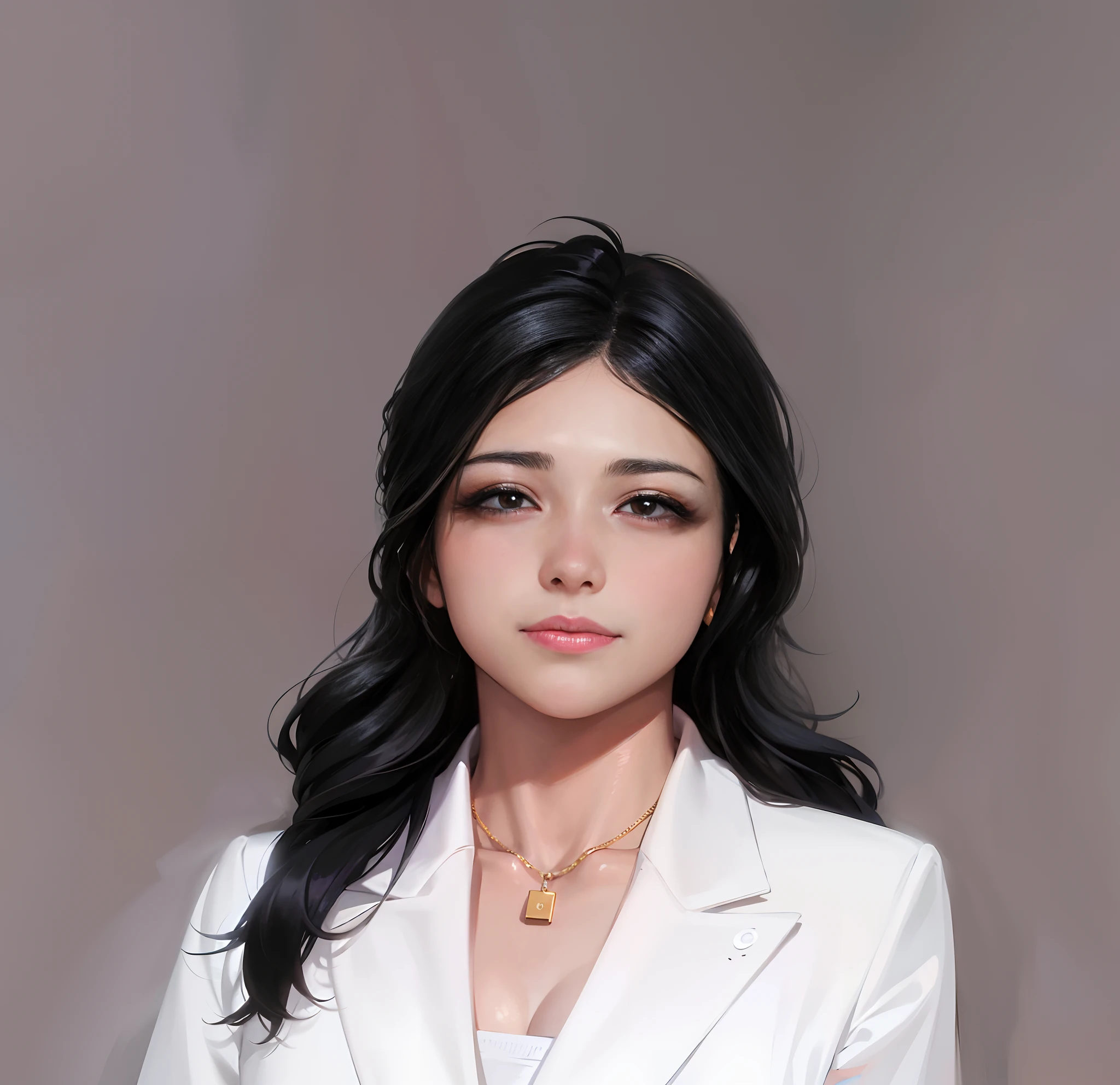 best qualtiy,超高分辨率,1girll,white business suit,gold choker,adolable,(Kpop idol),(aegyo sal:1),(Black fluffy curls:1),((puffy eye)),Humility and beauty,A half body,facing the front there