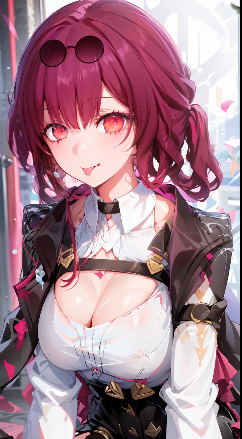 A large amount of white liquid is all over the body on the chest and tongue, taken from the front, a woman with pigtails (tied in two) with red hair (two side up, half twin tails) solo, delicate face, long eyelashes, (red eye: 1.3), medium cleavage, tartan check, music room, angle from above, uniform, light blue underwear, sweat, thin, mouth wide open, tongue out, crawling on all fours, A large amount of white yogurt on the chest and tongue