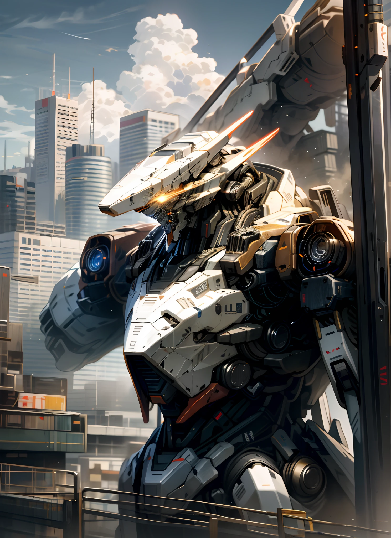 sky, cloud, holding_weapon, no_humans, glowing, , robot, building, glowing_eyes, mecha, science_fiction, city, realistic,mecha