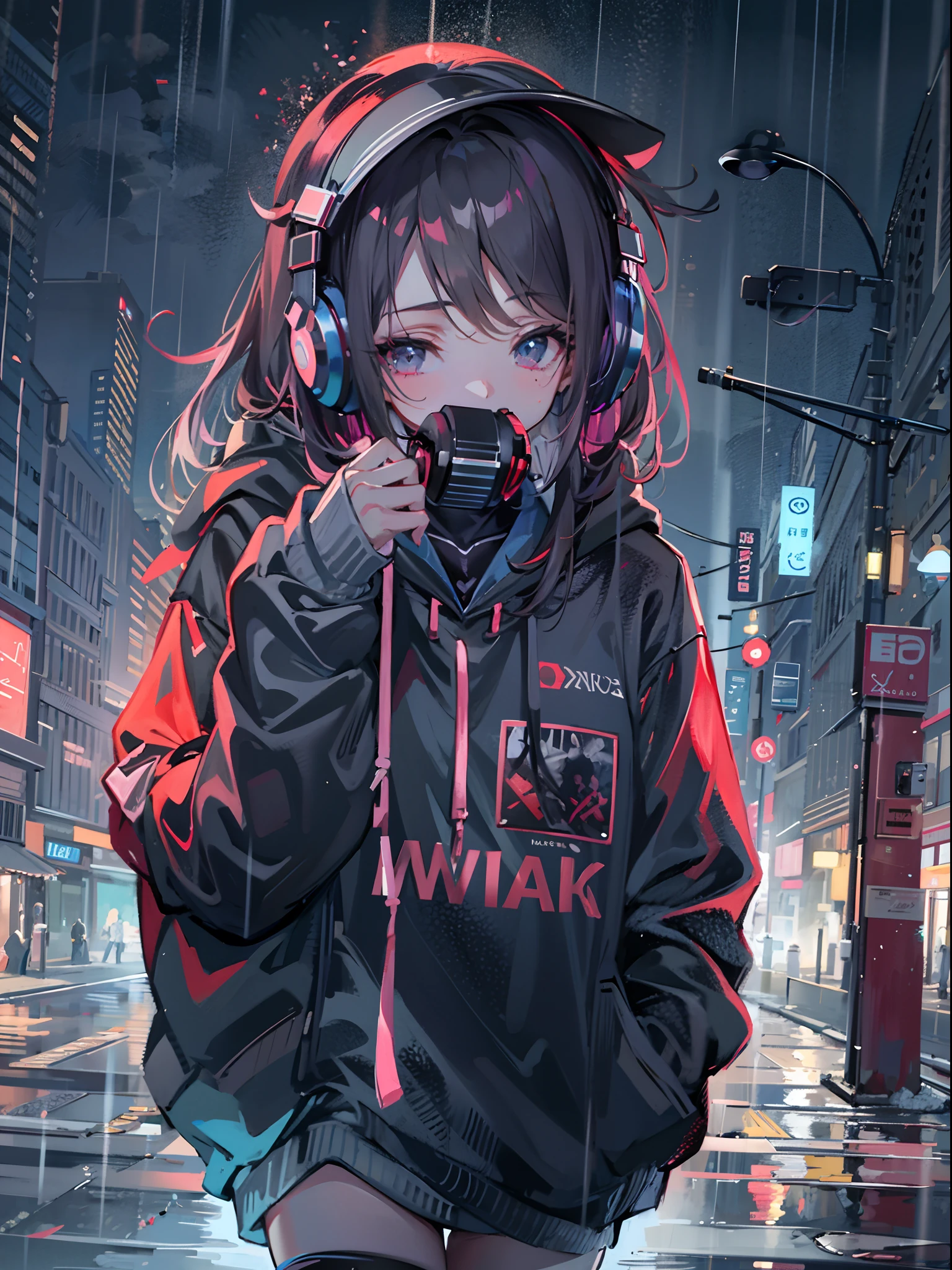 masterpiece, girl alone, solo, incredibly absurd, hoodie, headphones, street, outdoor, rain, neon,