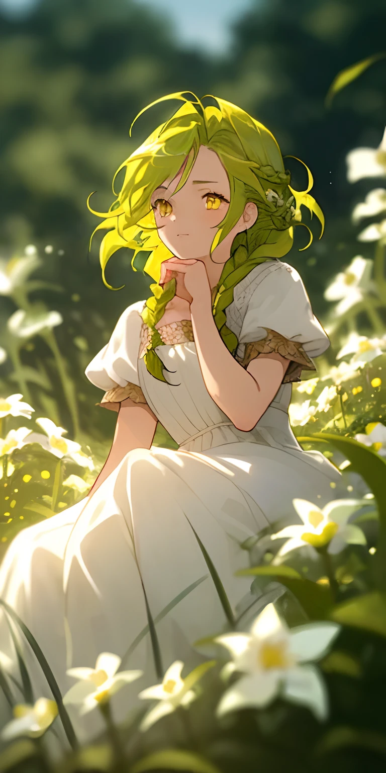 (masterpiece, best quality),1girl with gren hair sitting in a field of green plants and flowers, braid hair, yellow highlight hair, yellow eyes, her hand under her chin, warm lighting, white dress, blurry foreground, windy garden, white flower garden, anime style