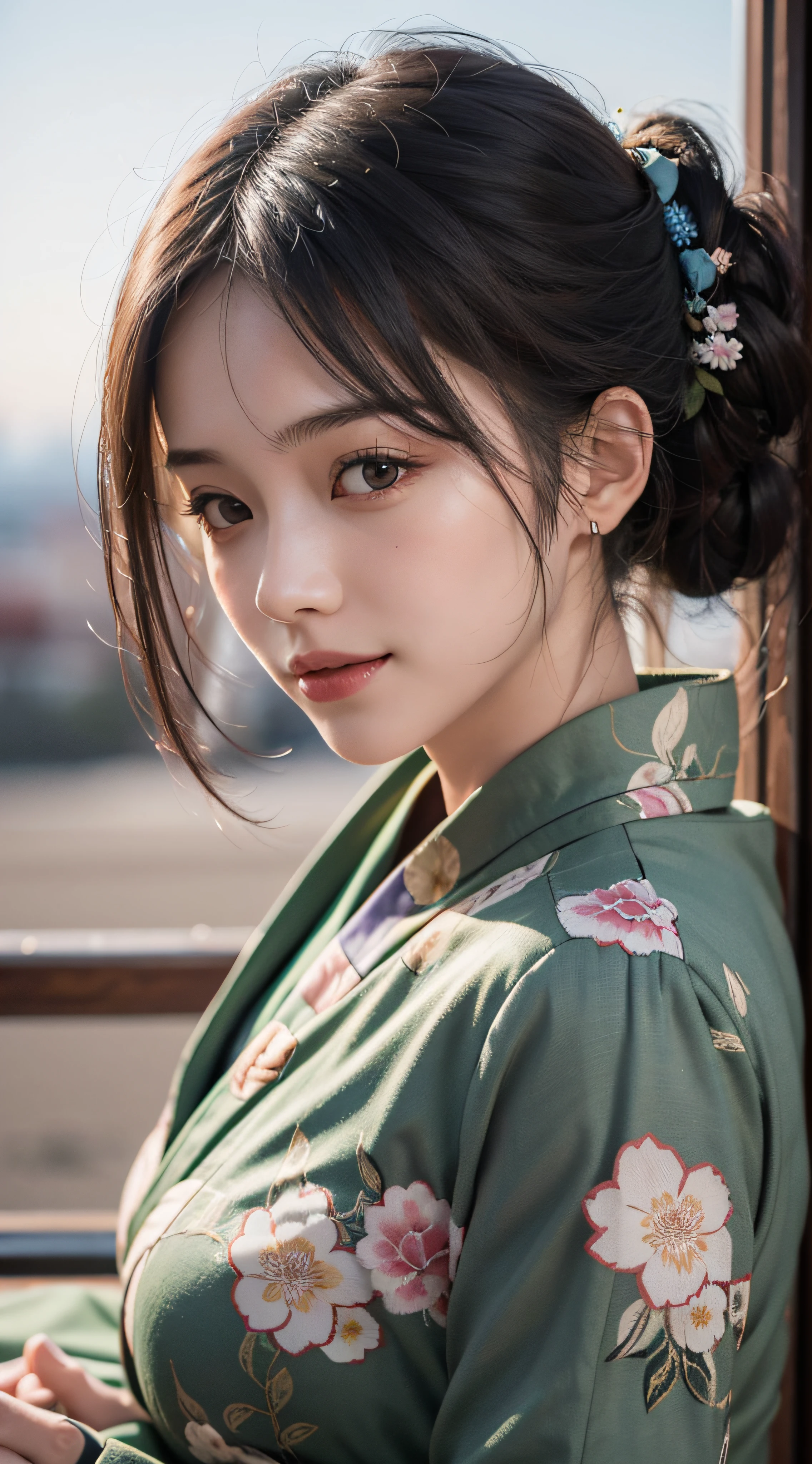 (Photorealsitic:1.4), (Top image quality:1.0), (超A high resolution:1.0), 8K, Raw photography, (masterpiece:0.2), (pureerosface_v1:0.5)、(Best Quality Detail:1.2)、realisitic、8K UHD、hight resolution、(1girl in:1.2)、The ultra-detailliert、High quality textures、intricate detailes、detaileds、Very detailed CG、High quality shadows、Detail Beautiful delicate face、Detail Beautiful delicate eyes、depth of fields、Ray traching,1girl in, japanaese girl, Cute, slender, Black kimono, Kimono with Japanese pattern,Floral scrunchie, Beautiful skin, Facing the front,Sit down, Sit upright and say thank you,Align your hands elegantly,Smile faintly The Land of Japan,Japanese garden,Luxury Japanese-style room, skyporn, Magic Hour, (Realistic:1.3), Finely detailed, quality, (masutepiece:1.2), (Photorealistic:1.2), (Best Quality), (Intricate details), Dramatic, Ray tracing, photograph, +Lola