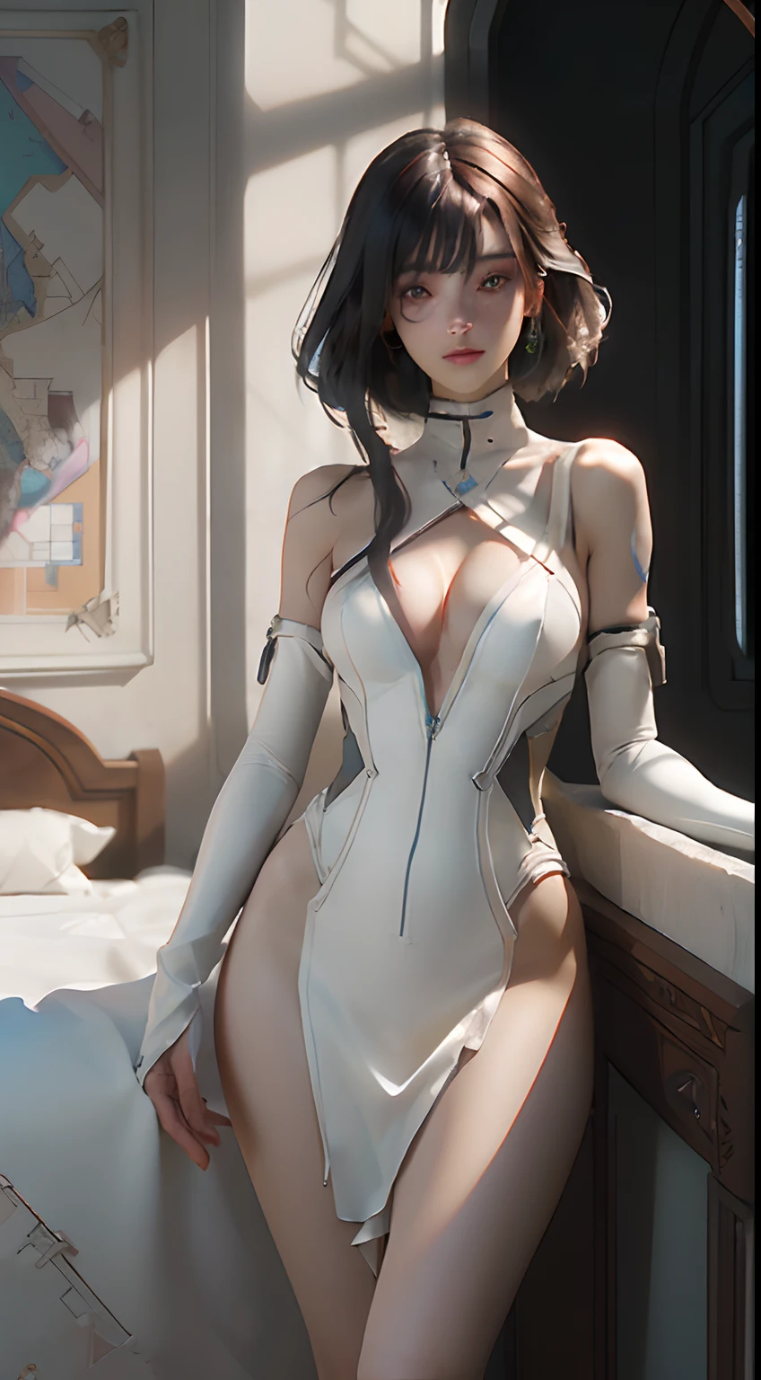(Best Quality), ((Masterpiece), (Detail: 1.4), 3D, A Beautiful Cyberpunk Woman, HDR (High Dynamic Range), Ray Tracing, NVIDIA RTX, Super-Resolution, Unreal 5, Subsurface Scattering, PBR Textures, Post-Processing, Anisotropic Filtering, Depth of Field, Maximum Sharpness and Clarity, Multi-layer Textures, Albedo and Highlight Maps, Surface Shading, Accurate simulation of light-material interactions, perfect proportions, Octane Render, two-color light, large aperture, low ISO, white balance, rule of thirds, 8K RAW, exposed side breasts, fair slender long legs