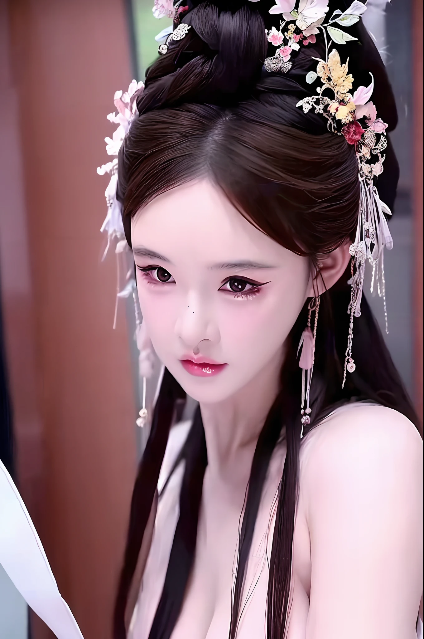 1 beautiful girl, long black hair, black eyes, Ancient Chinese style bun, wearing a thin silk shirt of ancient China, appears shoulders and head in the photo, plump red lips, pout, mouth shut, embarrassed, small face makeup detailed and very beautifull, breast augmentation, ((big blum boobs:1.2)), blush, from front, wear earrings, necklaces, from above, looking at viewer, upturned eyes, masterpiece, top quality, best quality, official art, unity 8k wallpaper, highres, ultra-high res, ultra-detailed, (photorealistic:1.2), alone, solo, Only 1 girl, style hanfu Dunhuang,