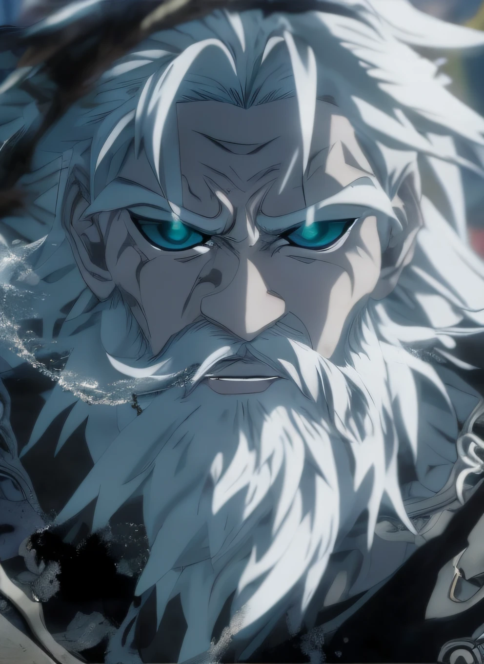 personagem de anime com cabelos brancos e olhos roxos olhando para algo, barba grisalha, Hora do Pai, Albedo do anime Overlord, de overlord, guilty gear strive splash art, Overlord Temporada 4, Furioso Deus Zeus, Captura de tela do anime Guro, Captura de tela do filme de anime, Estilo de arte ufotable, captura de tela de um anime de 2012