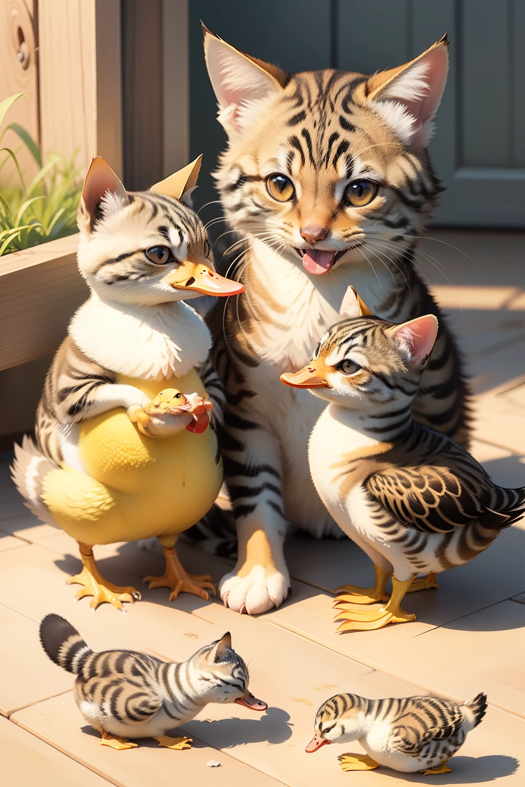Illustration of a duckling sharing a snack with a kitten and a puppy.