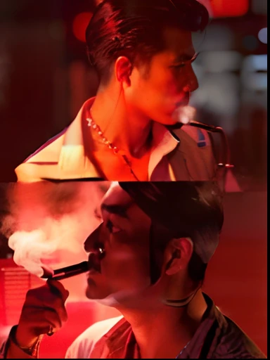there's a man smoking a cigarette and a man looking away in the style of a Mafia Club, Phiang wai chai, em clima de amor, with red haze, Thai film noir, 8 0 s asian neon movie still, fightclub, Kinn, red and cinematic lighting, 1950s Thai thriller noir film