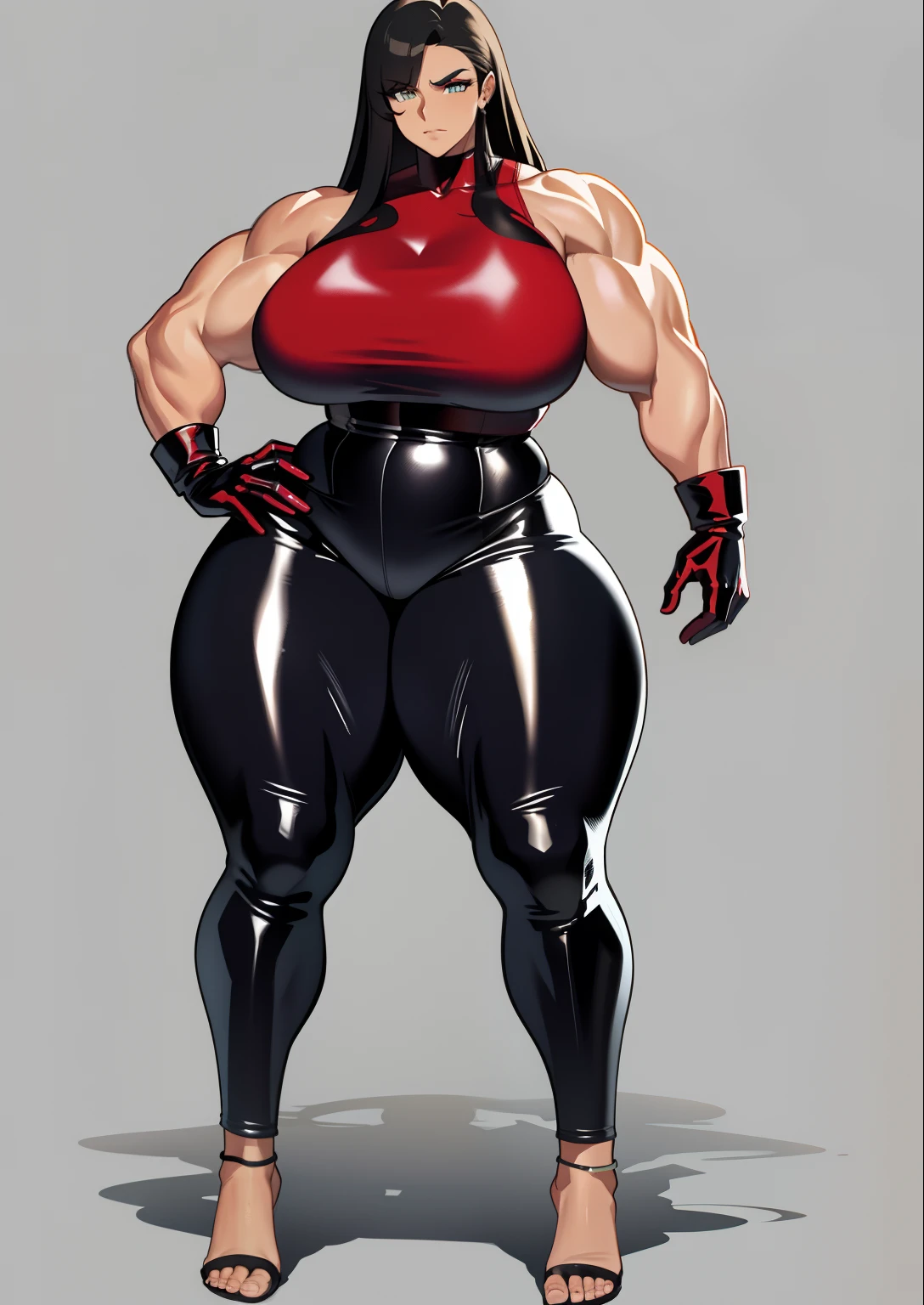 tmasterpiece,(Full body like:1.1),Burly woman,walking pose,Exaggerated large muscles,Latex pants,The barefoot,latex glove,Beautiful and charming woman face, 1female,Thin waist,Very broad shoulders, Strong and powerful arms,Stout deltoid muscles,large biceps,Big triceps,Strong and powerful leg muscles,thick leg,thick calf,Very long legs