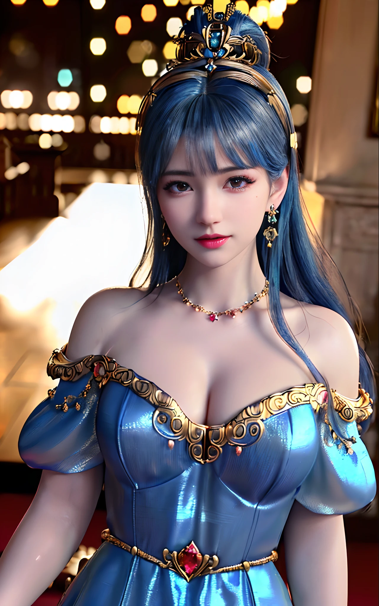 ((realisticity: 1.2)), ((best resolution: 8K UHD)), best quality,masterpiece,highres,cg,
((1 super detailed and super realistic girl)), ((very beautiful queen dazzling, super realistic, and super detailed)),((white skin, beautiful, smooth, youthful, super realistic and super detailed
)), long hair, ((super realistic and super detailed dress)), solo, ((super realistic, super beautiful, gorgeous and super detailed jewelry)), ((super beautiful, super realistic and super detailed dark red and golden yellow dress)),
((super beautiful, super realistic, super detailed diamond filled earrings)),
  ((super beautiful, super realistic and super detailed diamond filled hair ornament)), ((super beautiful upper body, super beautiful, super realistic and super detailed)), ((big breasts: 2.5)), 
((super grand, super realistic and super detailed royal palace backgroun))
((super beautiful, super beautiful, super realistic and super detailed hair bun)), ((super beautiful, super realistic and super detailed blue hair)),
candid, Photograph, high resolution, 8k,Bokeh,