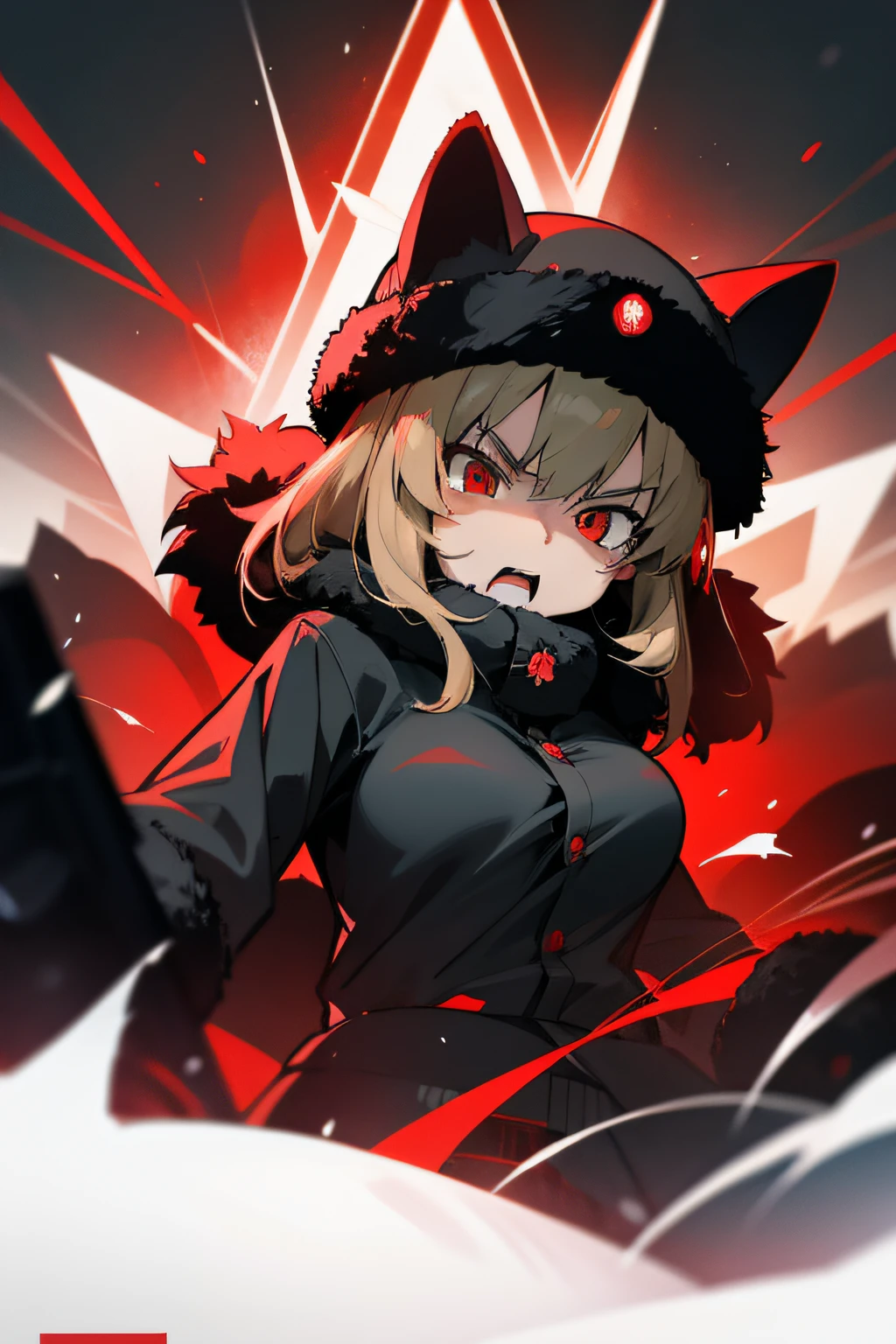 Girls und Panzer, Katyusha(Girls und Panzer), female, Glowing eyes, red eyes, angry face, battlefield, dark clothes, Ushanka, Russian fur hat