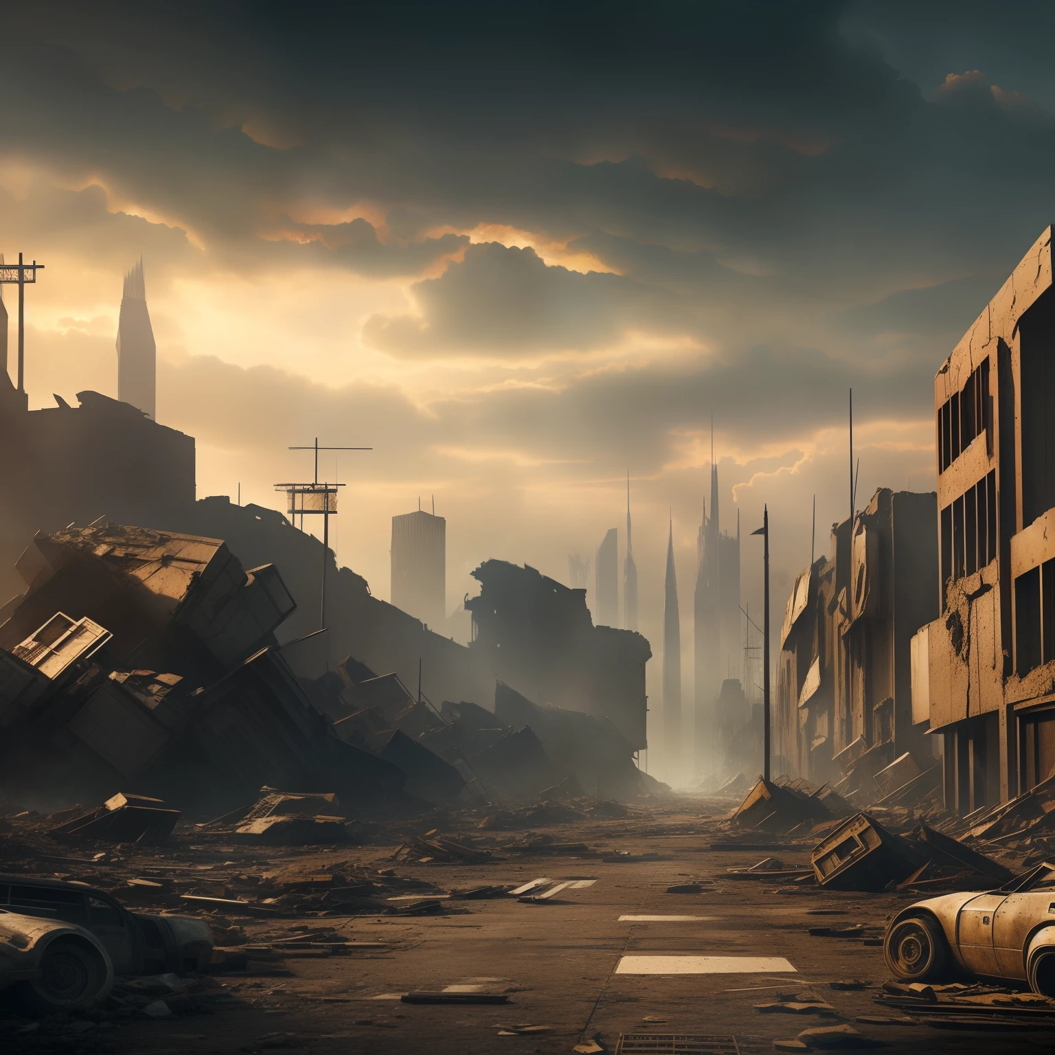 Armageddon,Wasteland,Fragmented cities,Low complex,highly realistic concept art,painterly concept art,Gloomy and dull sky,Desolate streets,Random scattered rubble