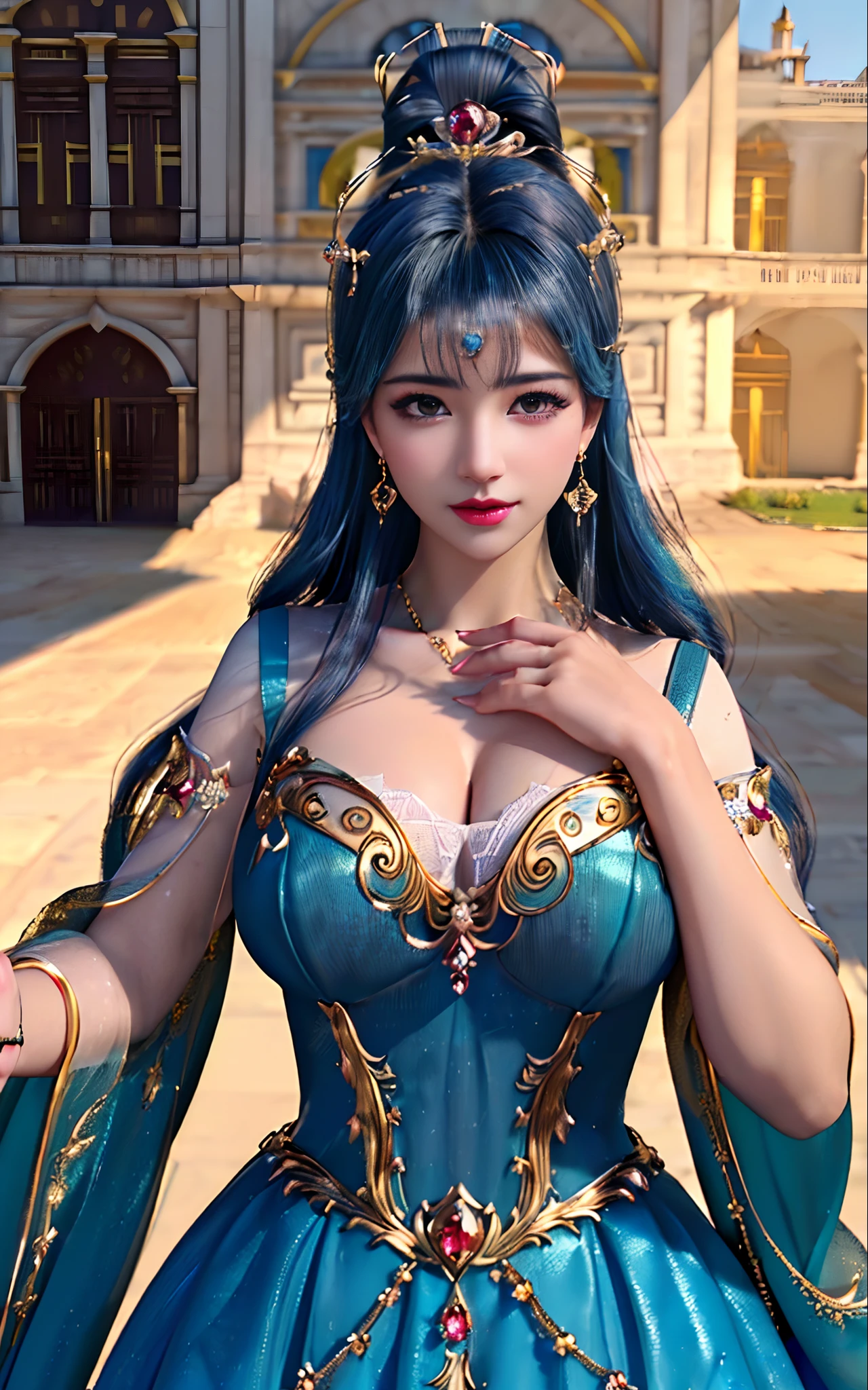 ((realisticity: 1.2)), ((best resolution: 8K UHD)), best quality,masterpiece,highres,cg,
((1 super detailed and super realistic girl)), ((very beautiful queen dazzling, super realistic, and super detailed)),((white skin, beautiful, smooth, youthful, super realistic and super detailed
)), long hair, ((super realistic and super detailed dress)), solo, ((super realistic, super beautiful, gorgeous and super detailed jewelry)), ((super beautiful, super realistic and super detailed dark red and golden yellow dress)),
((super beautiful, super realistic, super detailed diamond filled earrings)),
  ((super beautiful, super realistic and super detailed diamond filled hair ornament)), ((super beautiful upper body, super beautiful, super realistic and super detailed)), ((big breasts: 2.5)), 
((super grand, super realistic and super detailed royal palace backgroun))
((super beautiful, super beautiful, super realistic and super detailed hair bun)), ((super beautiful, super realistic and super detailed blue hair)),
candid, Photograph, high resolution, 8k,Bokeh,