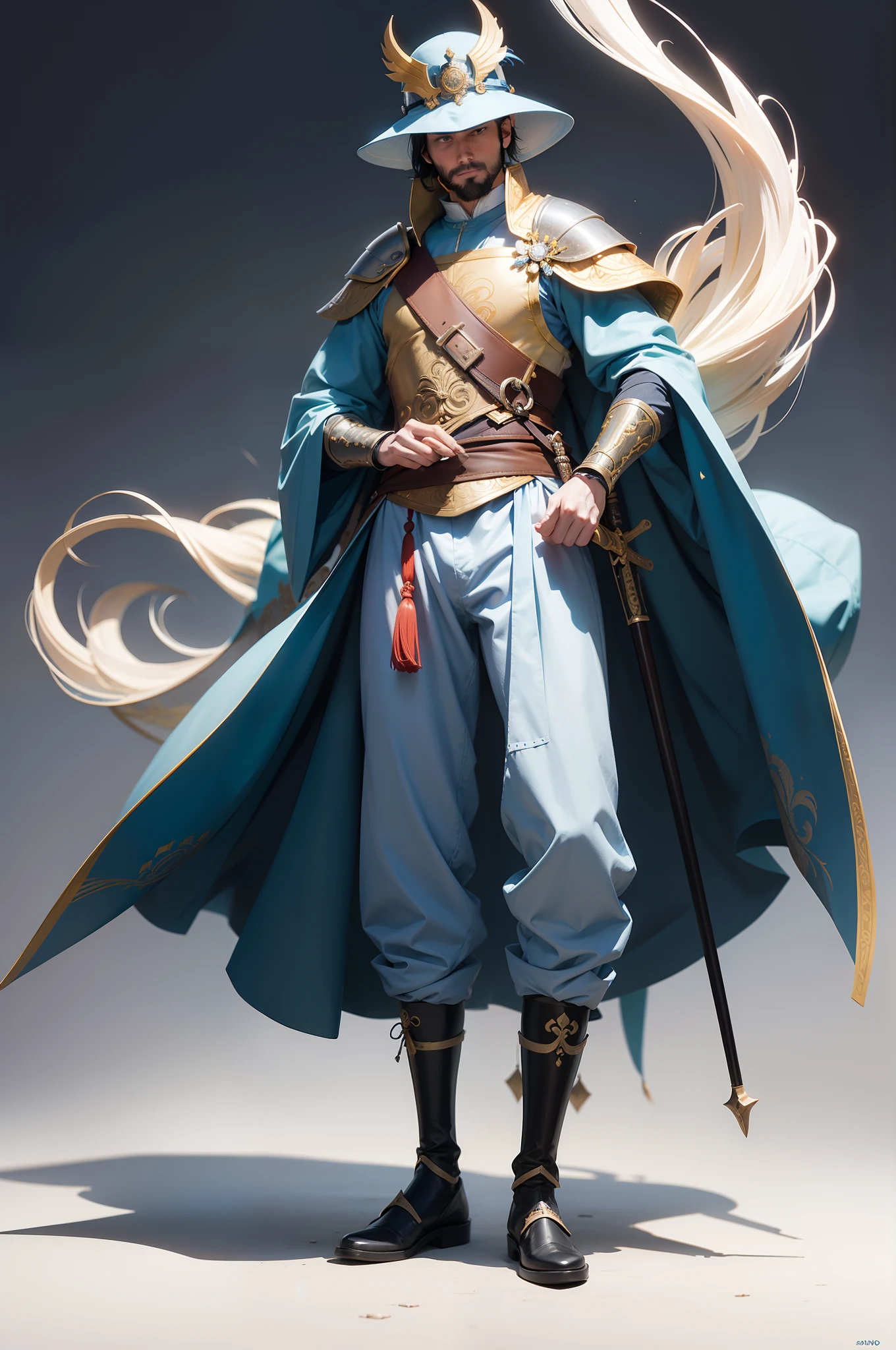 realista, character, idoso, barba branca, asiatic, magro, fantasia, roupa medieval, roupa comprida, armadura medieval dourada, light blue pants, mundo, roupa branca, Japanese hat, corpo inteiro, fundo branco