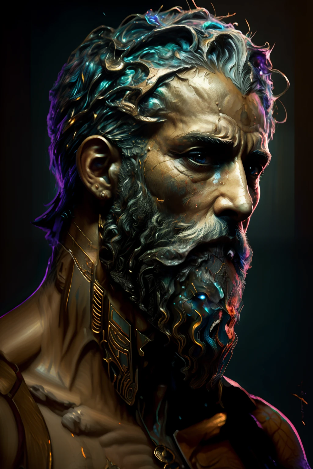 Pintura digital de un hombre joven con barba y un tocado floreado ,Arte de Alberto Severo, salpicaduras y gotas congeladas multicolores, dream, Pintura digital surrealista , brillos tornasolados, efectos 3D, Ultra HD, obra de arte magistral ,cinematic lighting,16k Arte digital 4K altamente detallado, Pintura digital intrincada, Arte digital detallado 4K, Gran arte digital con detalles, amazing detail digital art, Arte digital extremadamente detallado, Arte digital altamente detallado, amazing digital art, Awesome Digital Illustration, hyperdetailed fantasy character, Arte digital hiperdetallado, Arte digital demasiado detallado