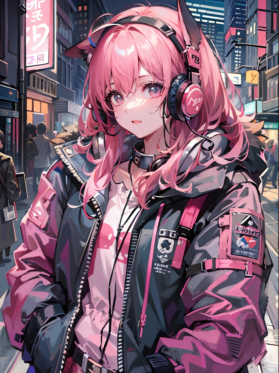 masterwork、1 woman、独奏、incredibly absurdness、parka、headphones、street、plein air、Sateen、neons、A pink-haired