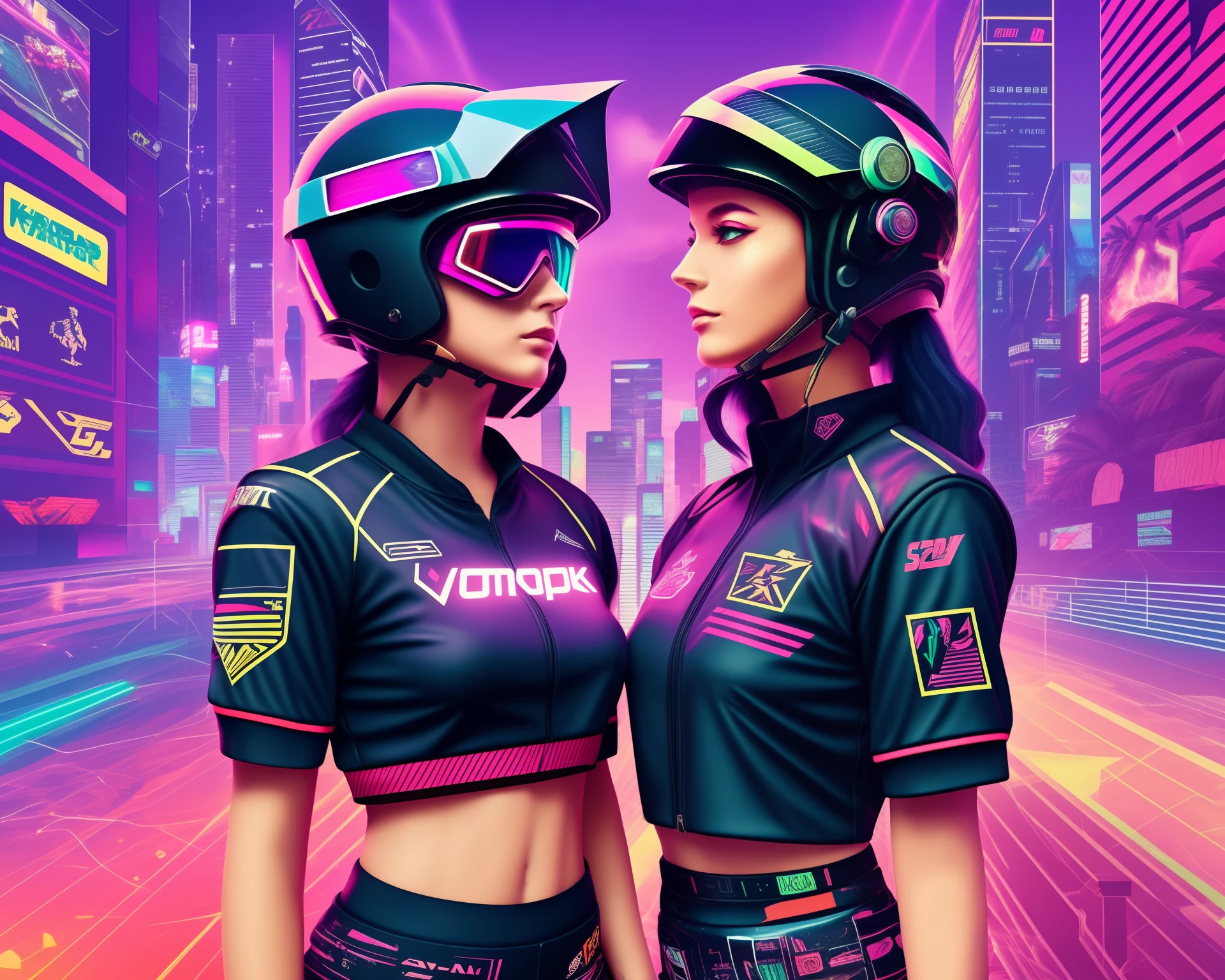 Vaporwave style, with dark tones, a couple in racing helmets and uniforms with cyberpunk and vaporwave style details --auto --s2