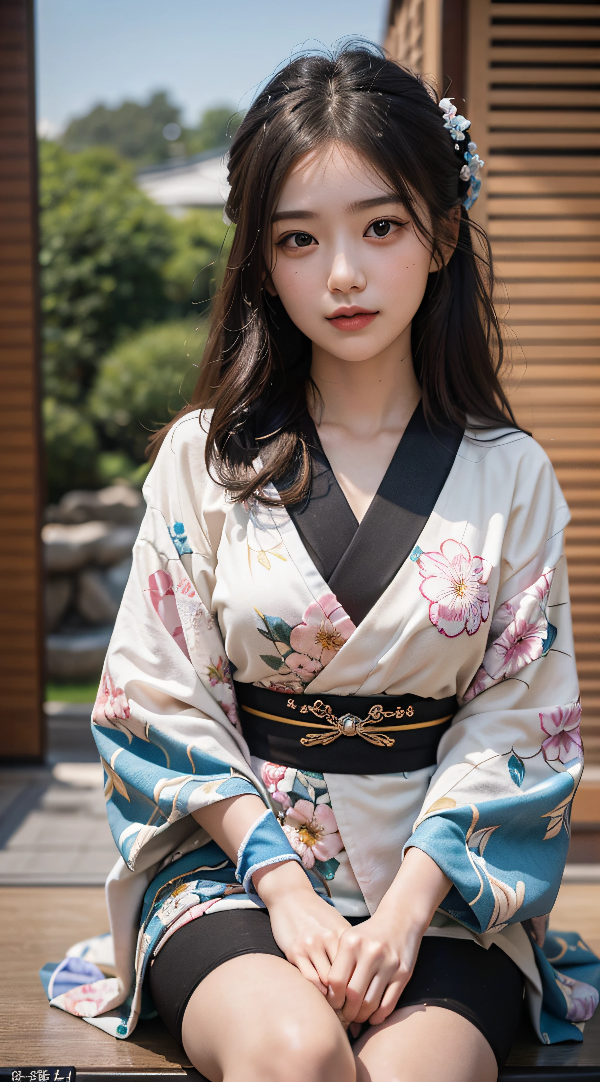 (Photorealsitic:1.4), (Top image quality:1.0), (超A high resolution:1.0), 8K, Raw photography, (masterpiece:0.2), (pureerosface_v1:0.5)、(Best Quality Detail:1.2)、realisitic、8K UHD、hight resolution、(1girl in:1.2)、The ultra-detailliert、High quality textures、intricate detailes、detaileds、Very detailed CG、High quality shadows、Detail Beautiful delicate face、Detail Beautiful delicate eyes、depth of fields、Ray traching,1girl in, japanaese girl, Cute, slender, Black kimono, Kimono with Japanese pattern,Floral scrunchie, Beautiful skin, Facing the front,Sit down, Sit upright and say thank you,Align your hands elegantly,Smile faintly The Land of Japan,Japanese garden,Luxury Japanese-style room, skyporn, Magic Hour, (Realistic:1.3), Finely detailed, quality, (masutepiece:1.2), (Photorealistic:1.2), (Best Quality), (Intricate details), Dramatic, Ray tracing, photograph, +Lola