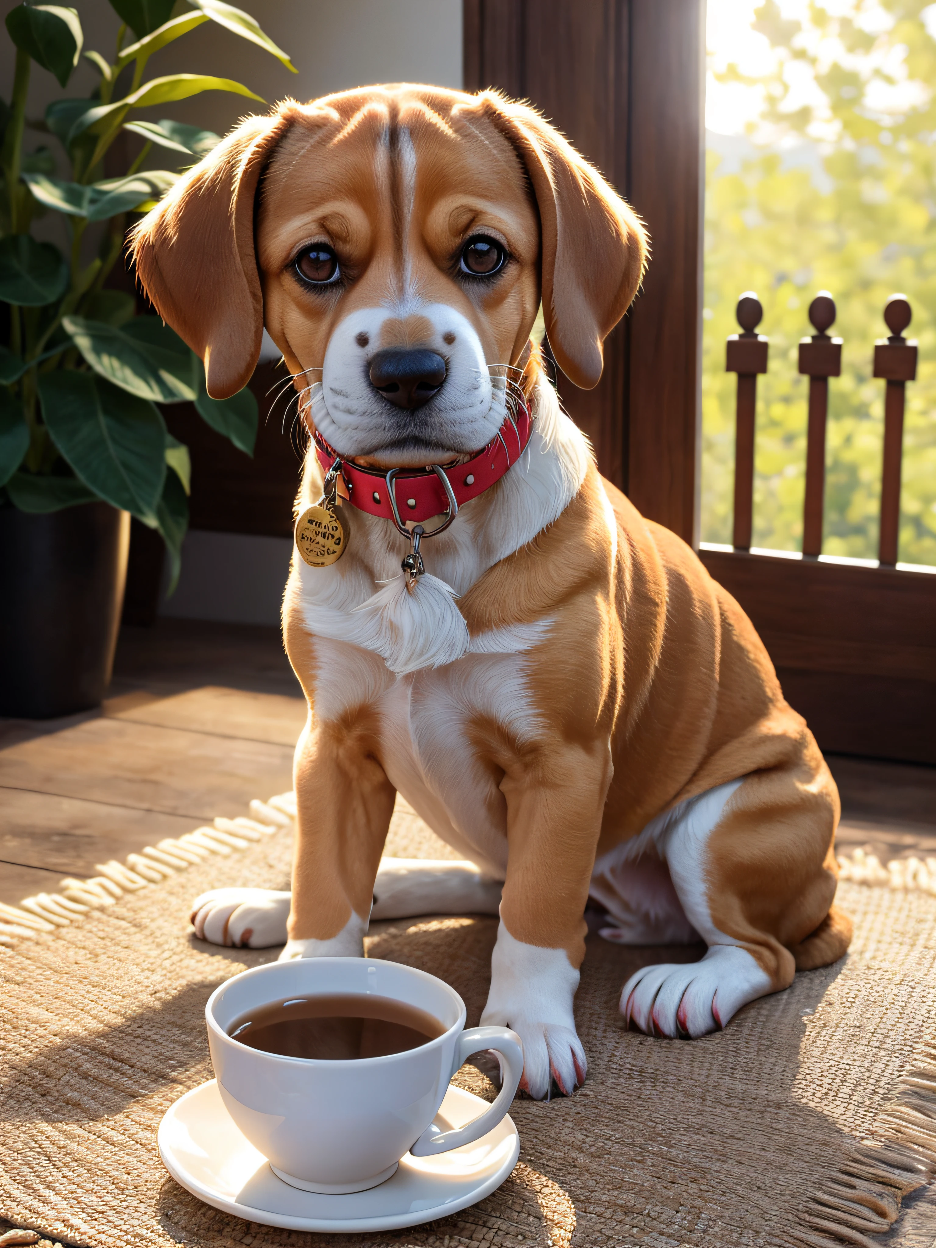 cachorro Perro, (Beagle), in a cup of tea, Cara, Patas delanteras hacia fuera, 8K, Foto profesional, Delicado, Claro, En la mesa, Dentro de la casa, Sol, Fuga de luz, Obra maestra, ((Bonito))), Trendy cup of tea, (Realidad), Juguete de peluche, Pupilas redondas
