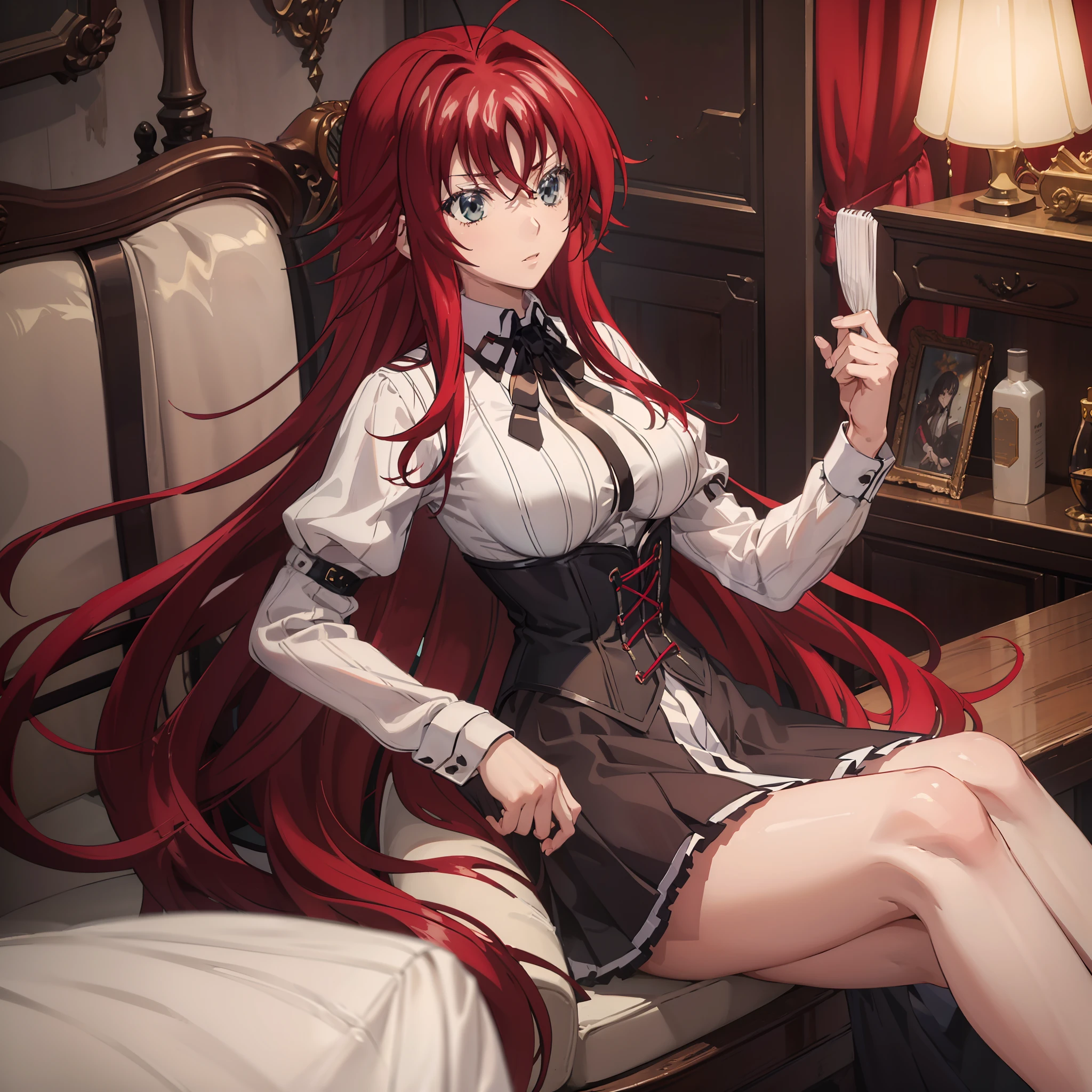 1 girl, rias gremory, long hair, crimson long hair, reaches down to thighs with a single hair strand sticking out from the top hair also has loose bangs covering forehead and side bangs framing face, voluptuous body, large breast, white long-sleeved button-down shirt with a black ribbon on shirt collar worn under a black shoulder cape and a matching button-down corset, magenta skirt with white accents and brown dress shoes over white crew-length sock, inside classroom, looking at viewers, sitting on top the table, perfect finger shape, the number of fingers is not excessive