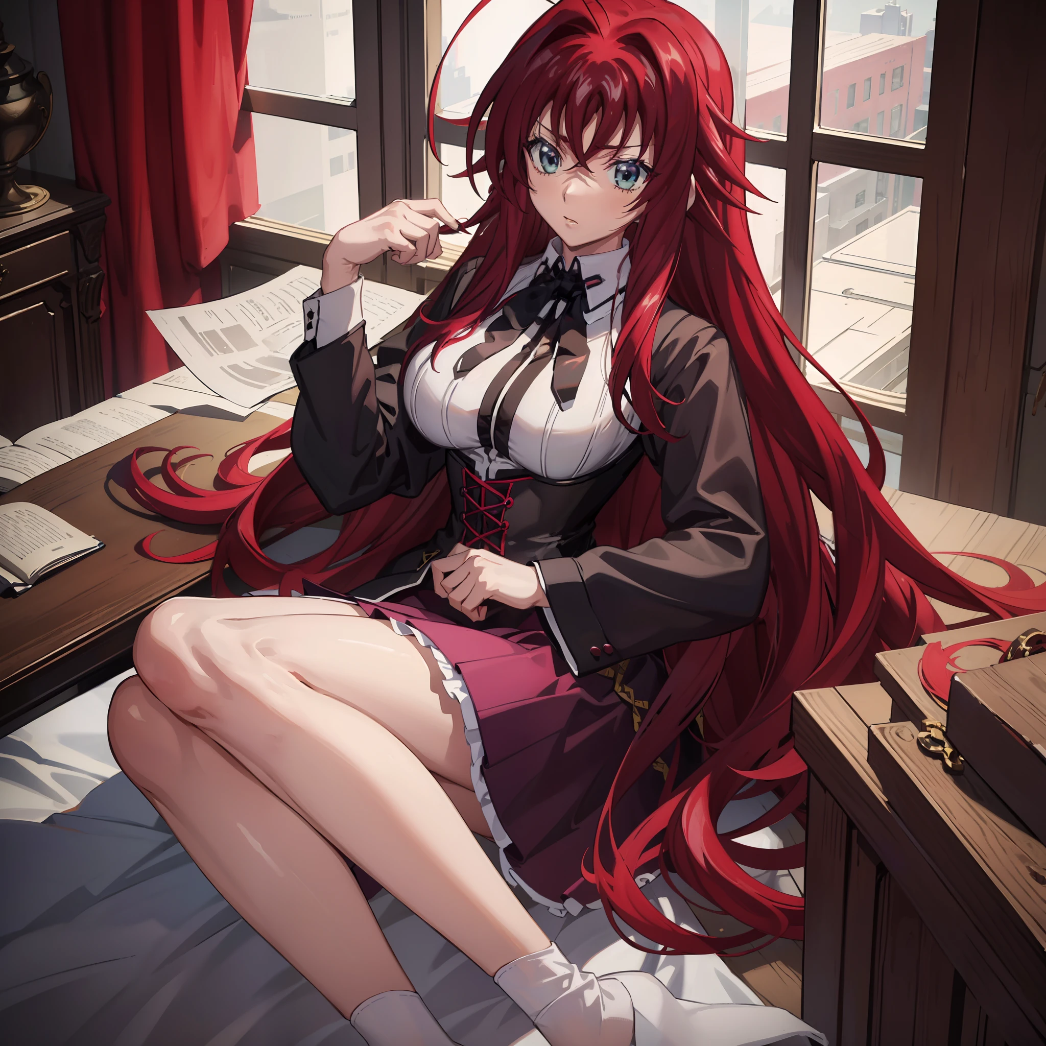 1 girl, rias gremory, long hair, crimson long hair, reaches down to thighs with a single hair strand sticking out from the top hair also has loose bangs covering forehead and side bangs framing face, voluptuous body, large breast, white long-sleeved button-down shirt with a black ribbon on shirt collar worn under a black shoulder cape and a matching button-down corset, magenta skirt with white accents and brown dress shoes over white crew-length sock, inside classroom, looking at viewers, sitting on top the table, perfect finger shape, the number of fingers is not excessive