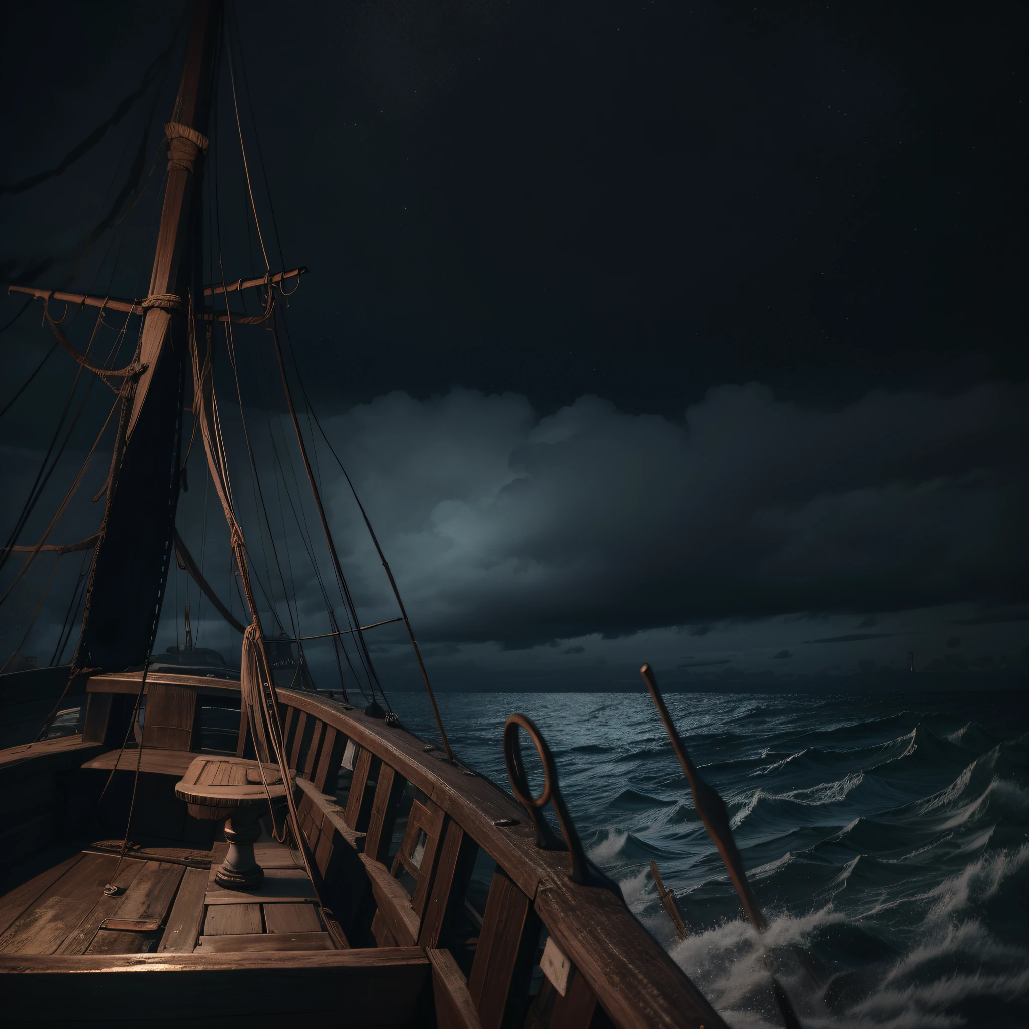 dentro de um barco antigo de madeira veleiro em uma noite de tempestade scary assustadora no meio do mar, cena cinematografica, hiper realista, fotorealista, 8k
