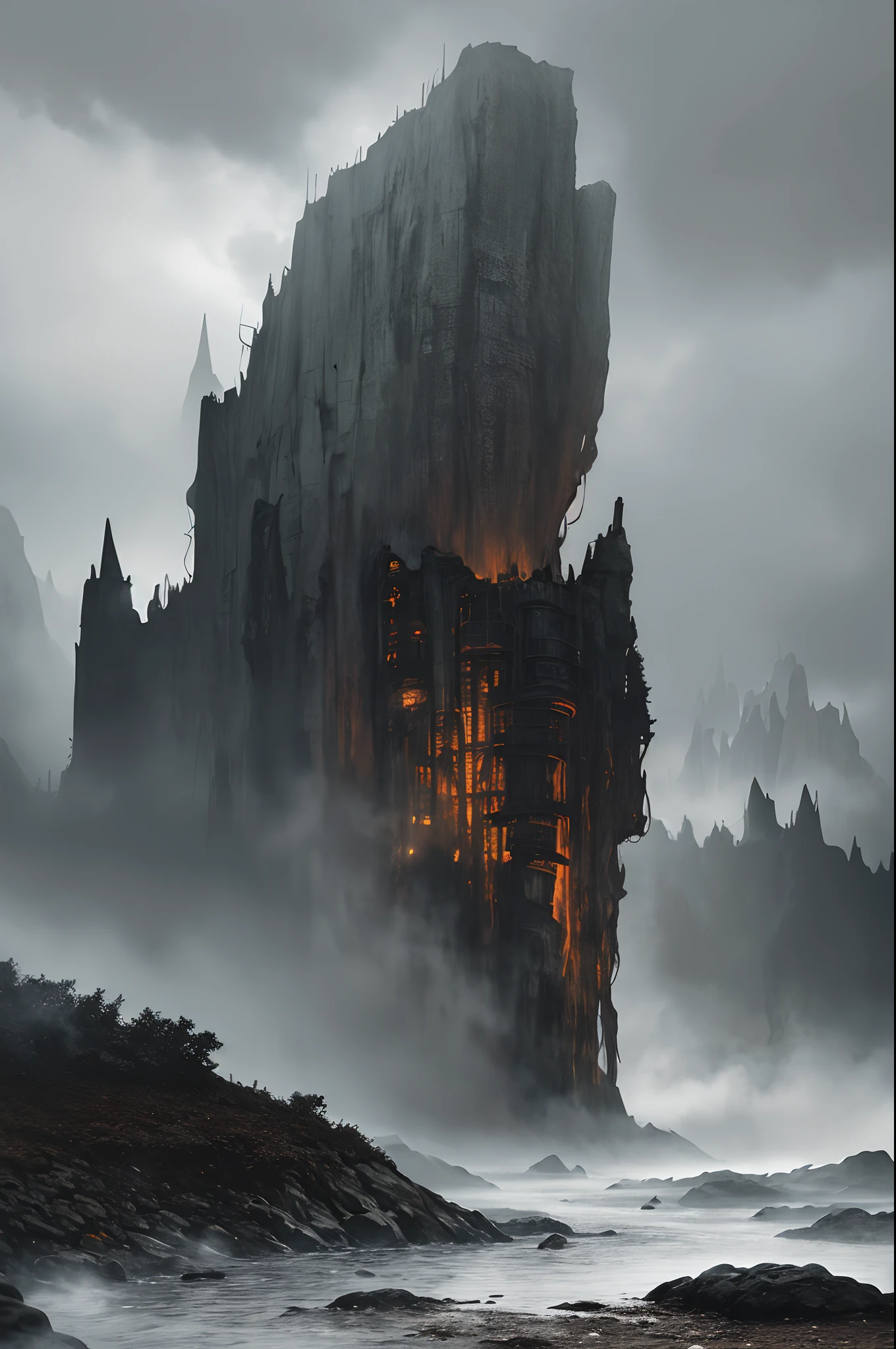 Black mountain, dark mountain, dense mist and elements of rust and decay to create an oppressive atmosphere. Use distorted camera angles and unusual framing to convey the sense of disorientation and terror characteristic of the Silent Hill universe, Detailed, Extremely Detailed, Ambient Soft Lighting, 4K,Blurry, Blurry Background, Depth of Field, Bokeh, DOF, Fog, Bloom
Outdoors, (Nature, fantasy forest:1.2), (Rocks:1.2), dark, rainy, dull, pale, faded, disgusting, ugly fog,