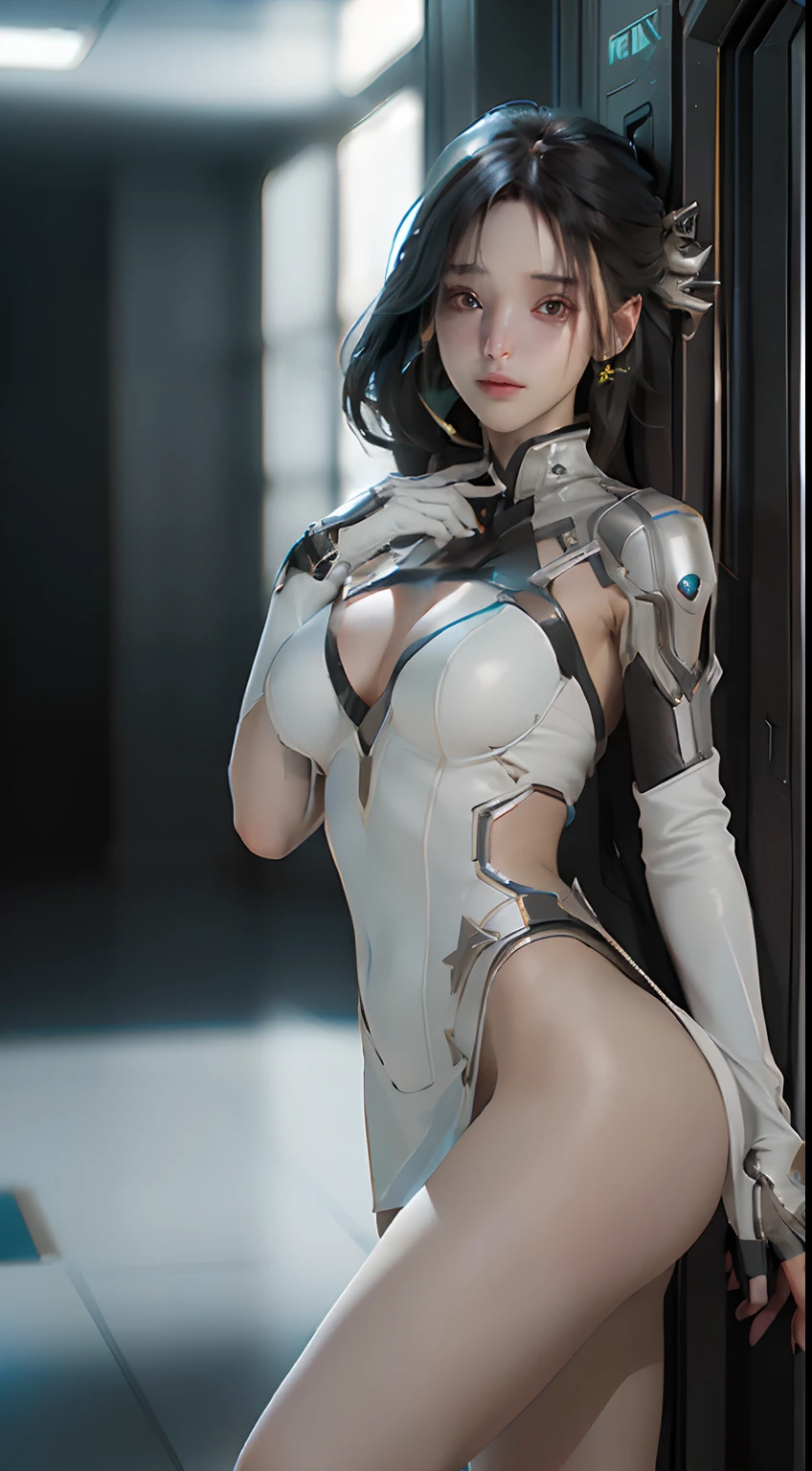 (Best Quality), ((Masterpiece), (Detail: 1.4), 3D, A Beautiful Cyberpunk Woman, HDR (High Dynamic Range), Ray Tracing, NVIDIA RTX, Super-Resolution, Unreal 5, Subsurface Scattering, PBR Textures, Post-Processing, Anisotropic Filtering, Depth of Field, Maximum Sharpness and Clarity, Multi-layer Textures, Albedo and Highlight Maps, Surface Shading, Accurate simulation of light-material interactions, perfect proportions, Octane Render, two-color light, large aperture, low ISO, white balance, rule of thirds, 8K RAW, exposed side breasts, fair slender long legs