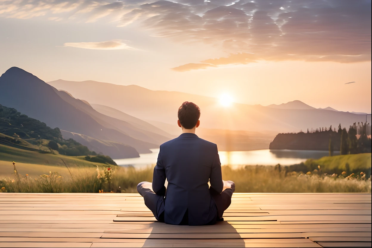 Homem sentado em um deck de madeira de terno e gravata meditando, Meditando, relaxante, Meditativo, meditation, ambiente calmo, fundo interessante, ao nascer do sol, ambiente tranquilo, a man sitting on a pier, homem sentado de frente para longe, ambiente sereno, manifestation, Meditating in lotus position, sentado, peaceful atmosphere, wallpaper mobile, feeling calm, top
